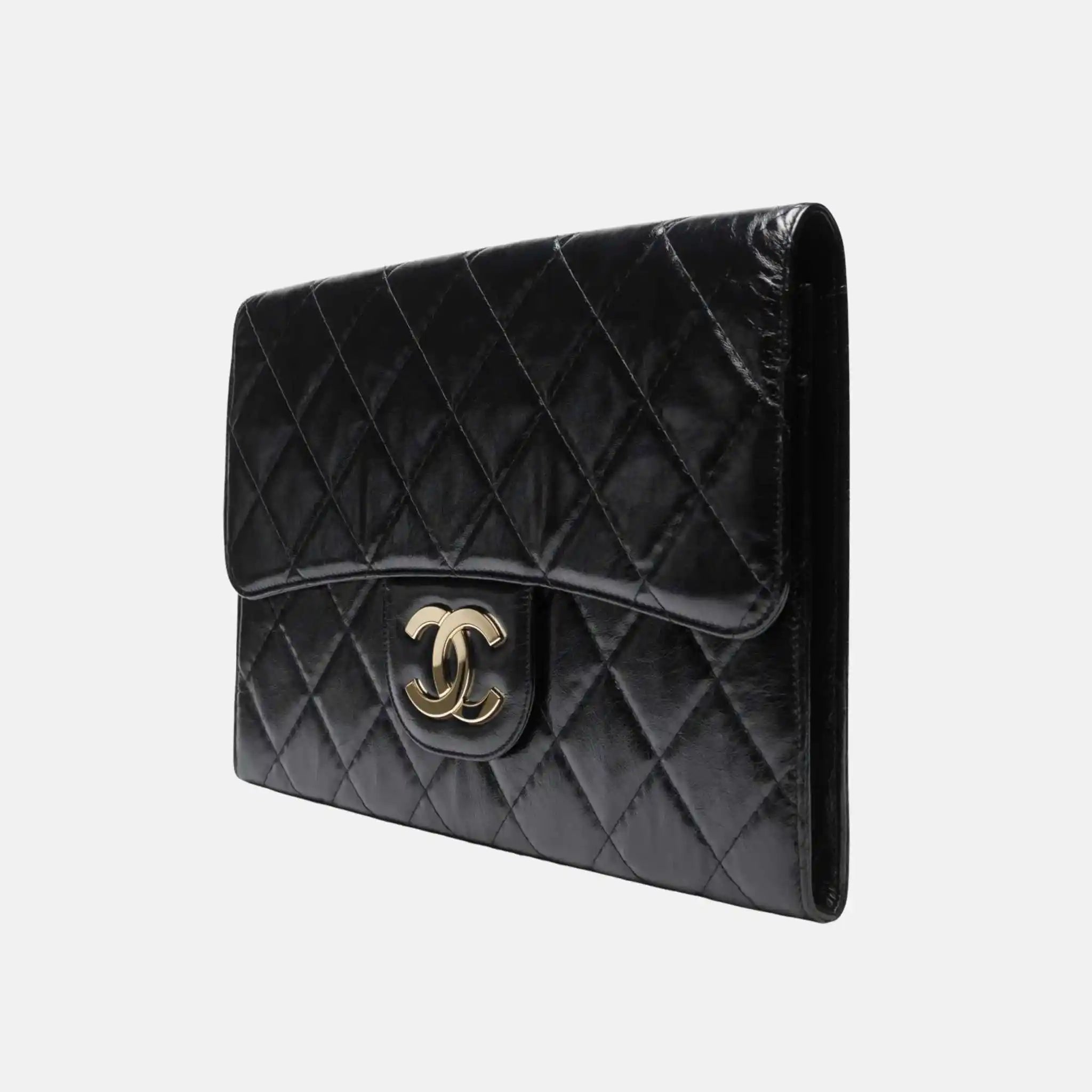 Chanel Large Clutch Shiny Crumpled Calfskin Gold Tone Metal, Black, Side