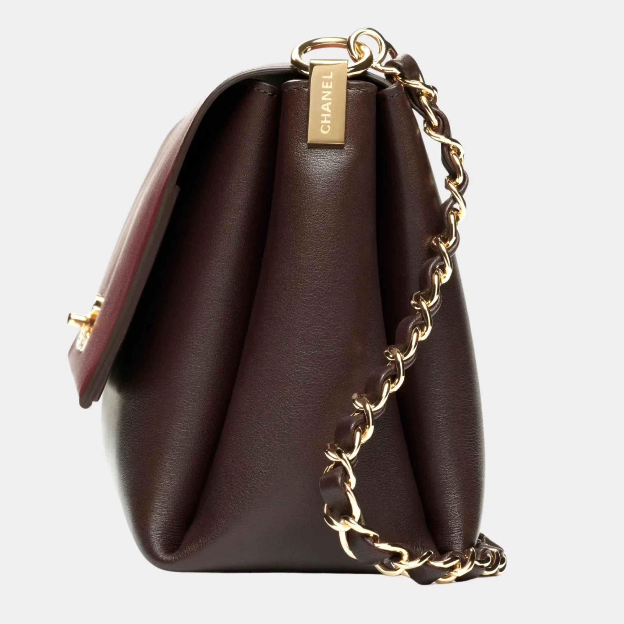 Chanel Large Flap Bag Calfskin & Gold-Plated Metal Dark Brown & Burgundy, Side