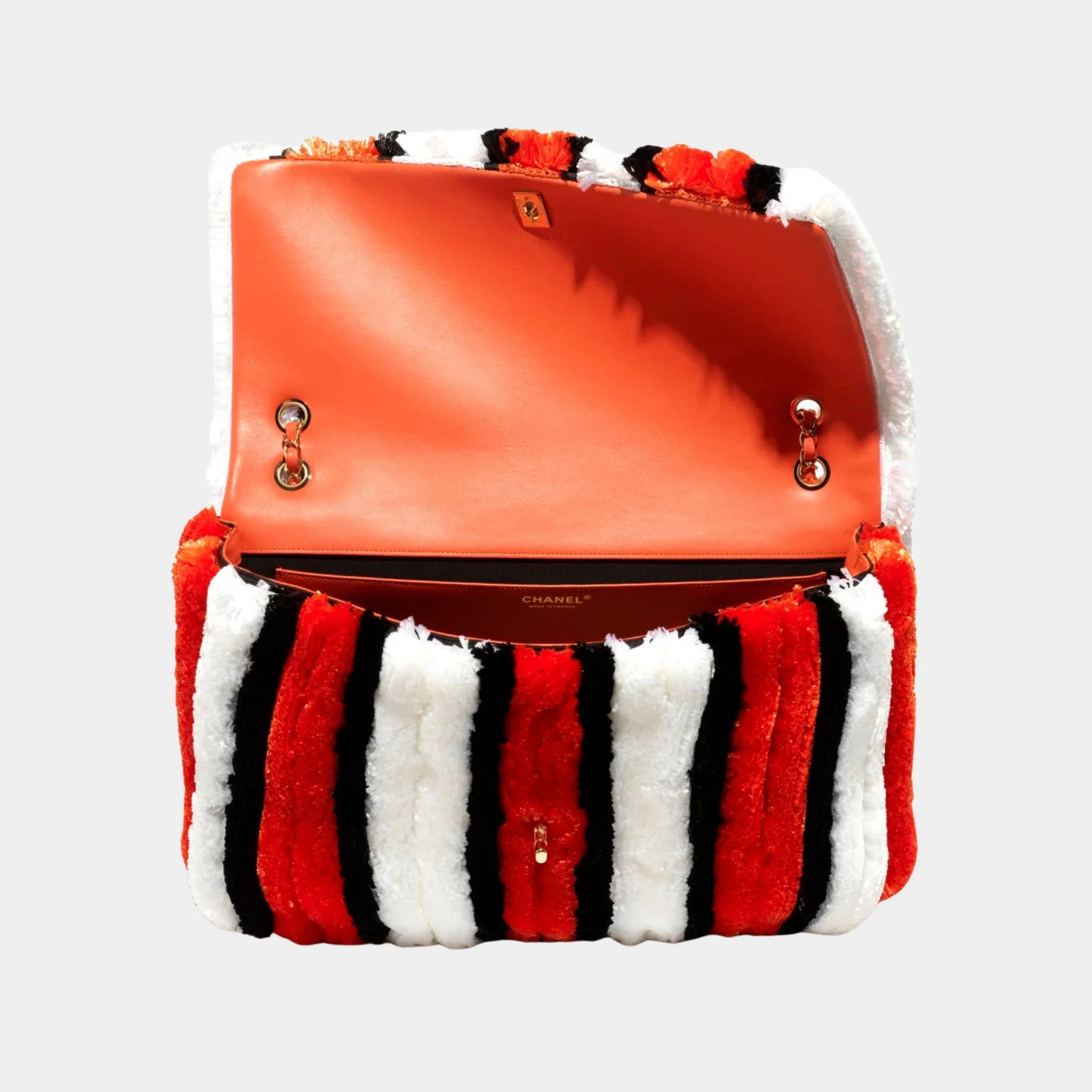 Chanel Large Flap Bag Raffia & Gold-Plated Metal Orange White & Black