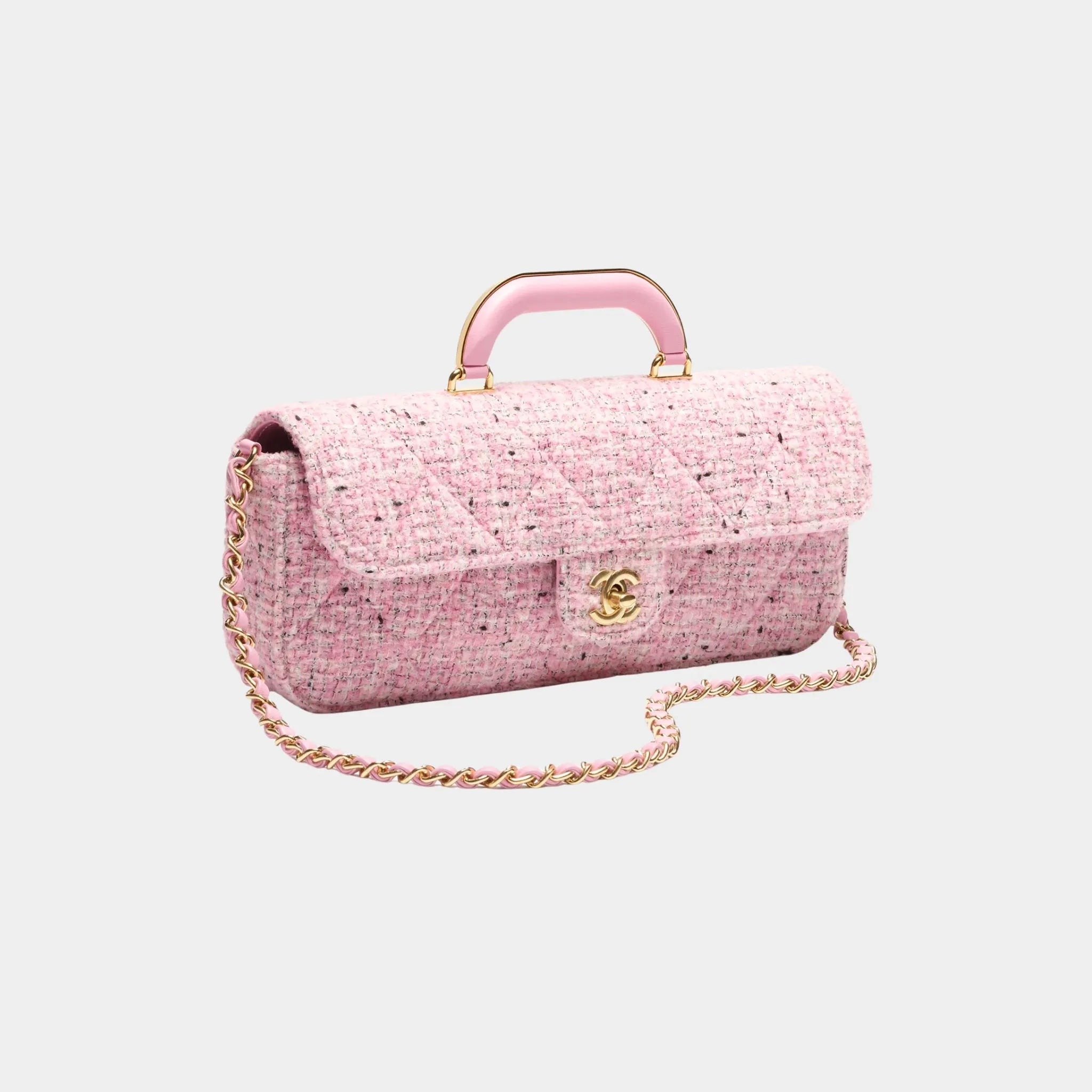 Chanel Small Classic Bag Cotton Tweed & Gold Metal Black, Pink , Black, White, Front