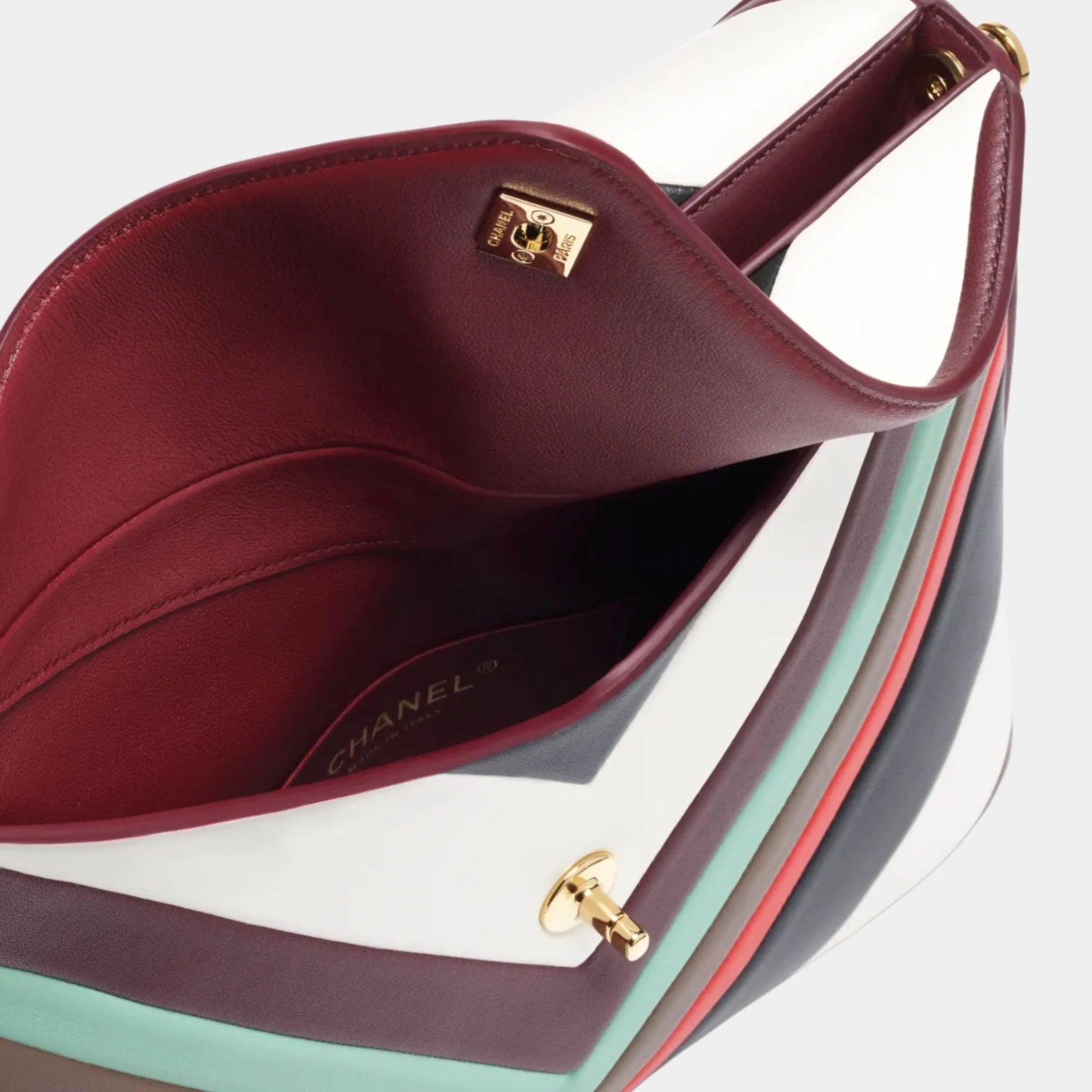 Chanel Large Hob Bag Lamb & Gold-Plated Metal White/Black/Red & Light Green, Top, Pocket