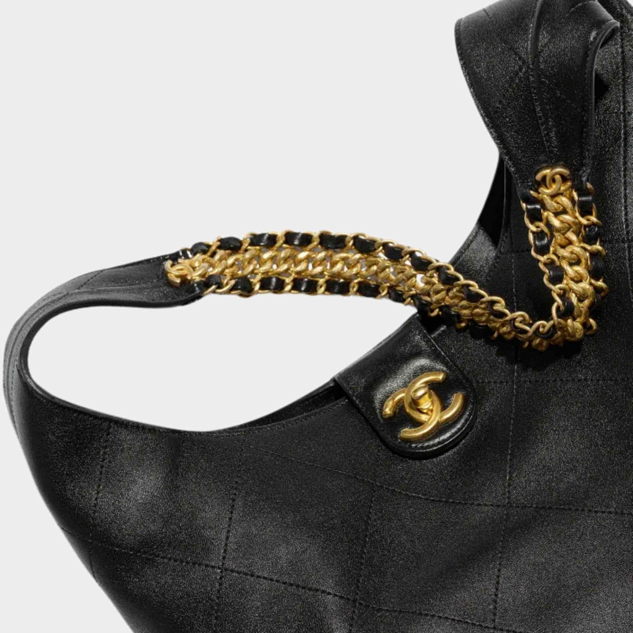 Chanel Large Hobo Bag Shiny Lambskin & Gold-Tone Metal Black, Close