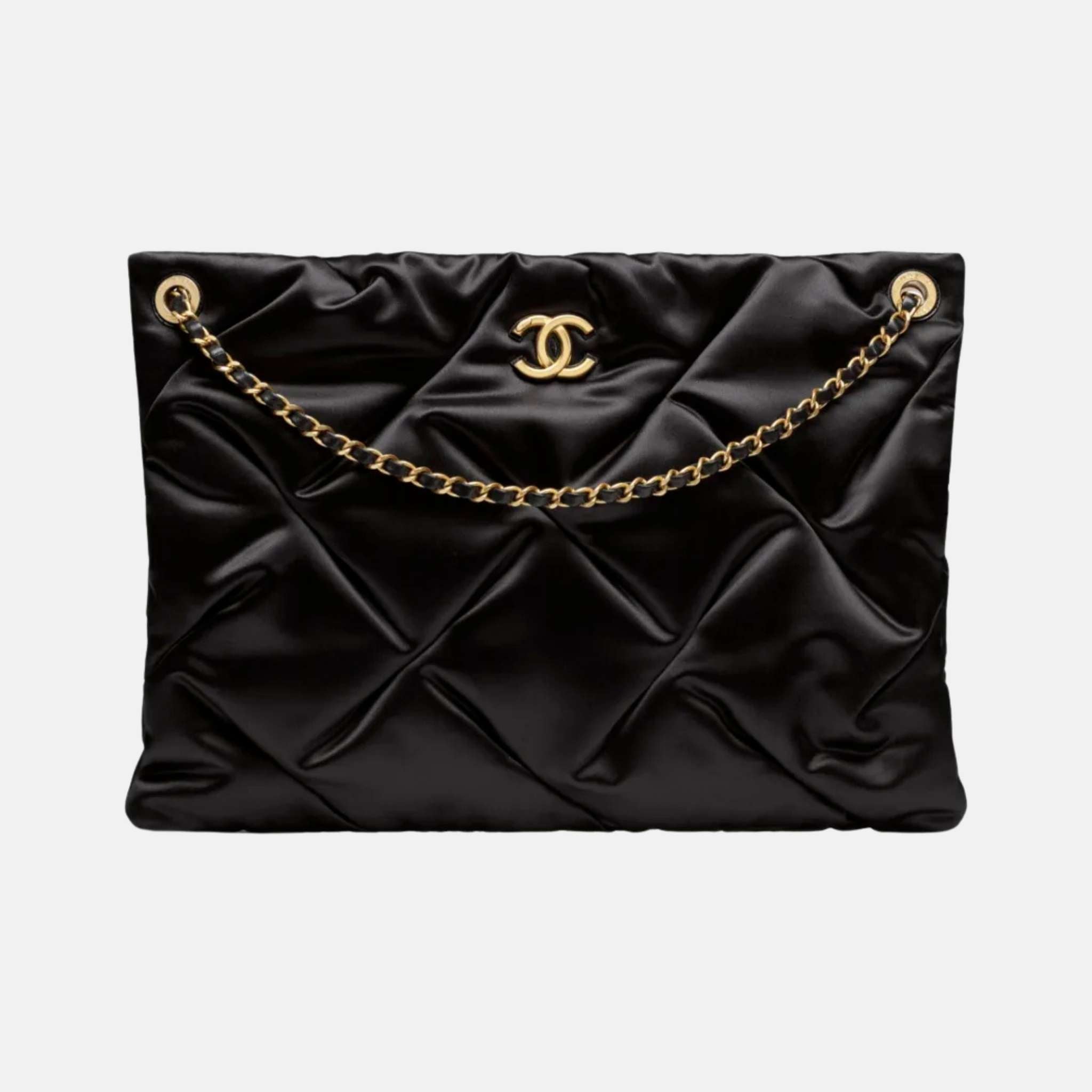 Chanel Large Pouch Bag In Satin And Gold Tone Metal, Black, Front