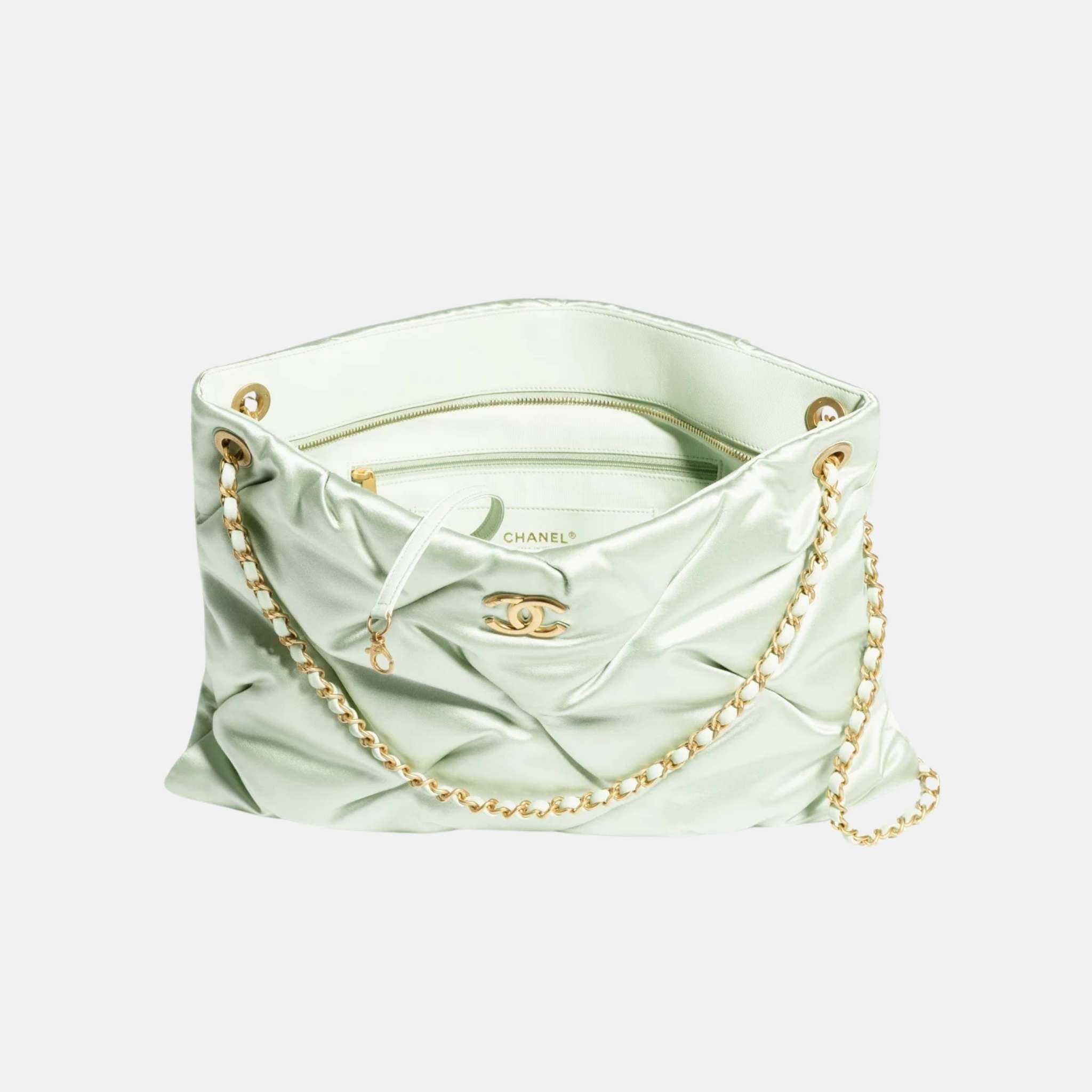 Chanel Large Pouch Bag In Satin And Gold Tone Metal, Light Green, Inside