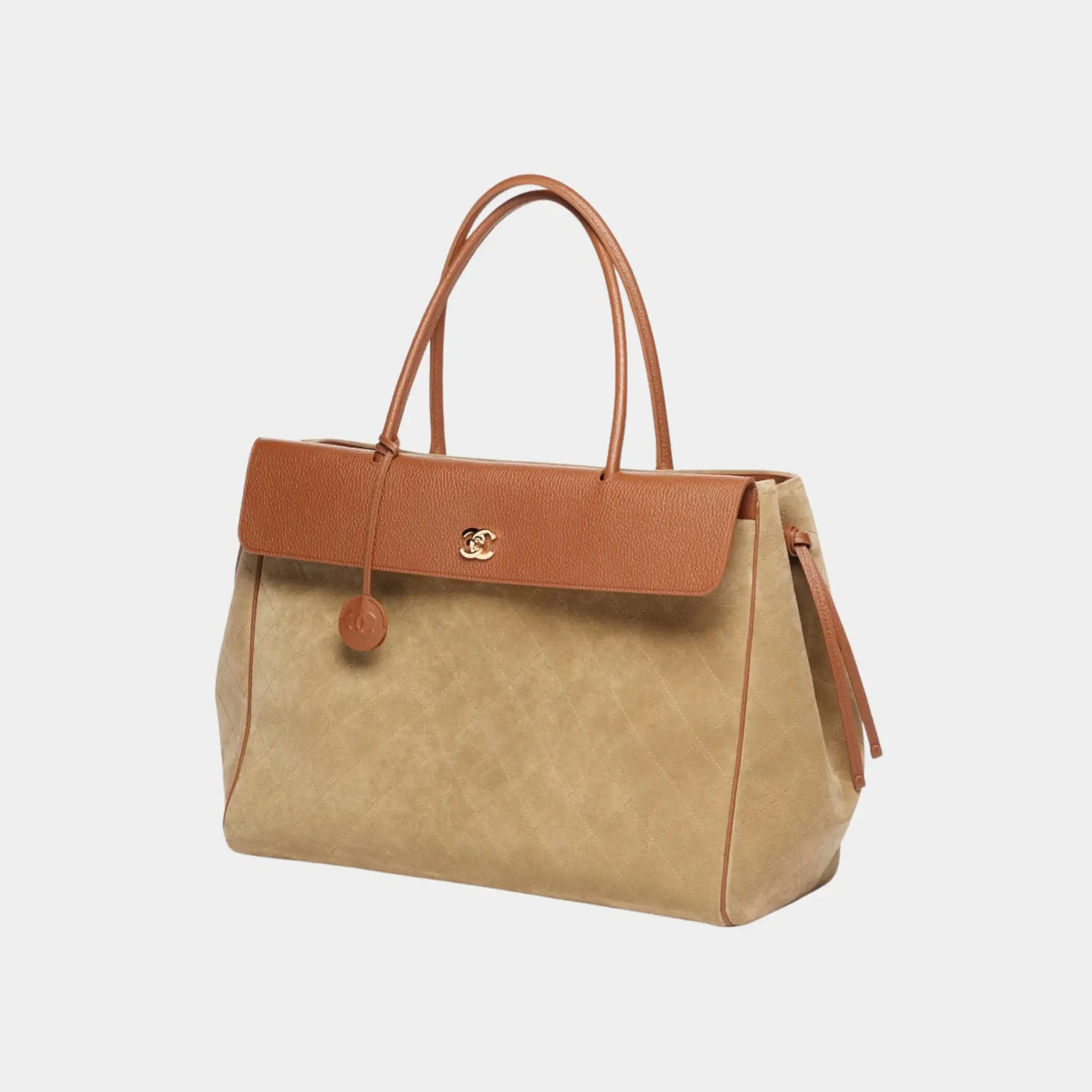 Chanel Large Tote in Suede & Grained Calfskin, Dark Beige, Camel, Front Side