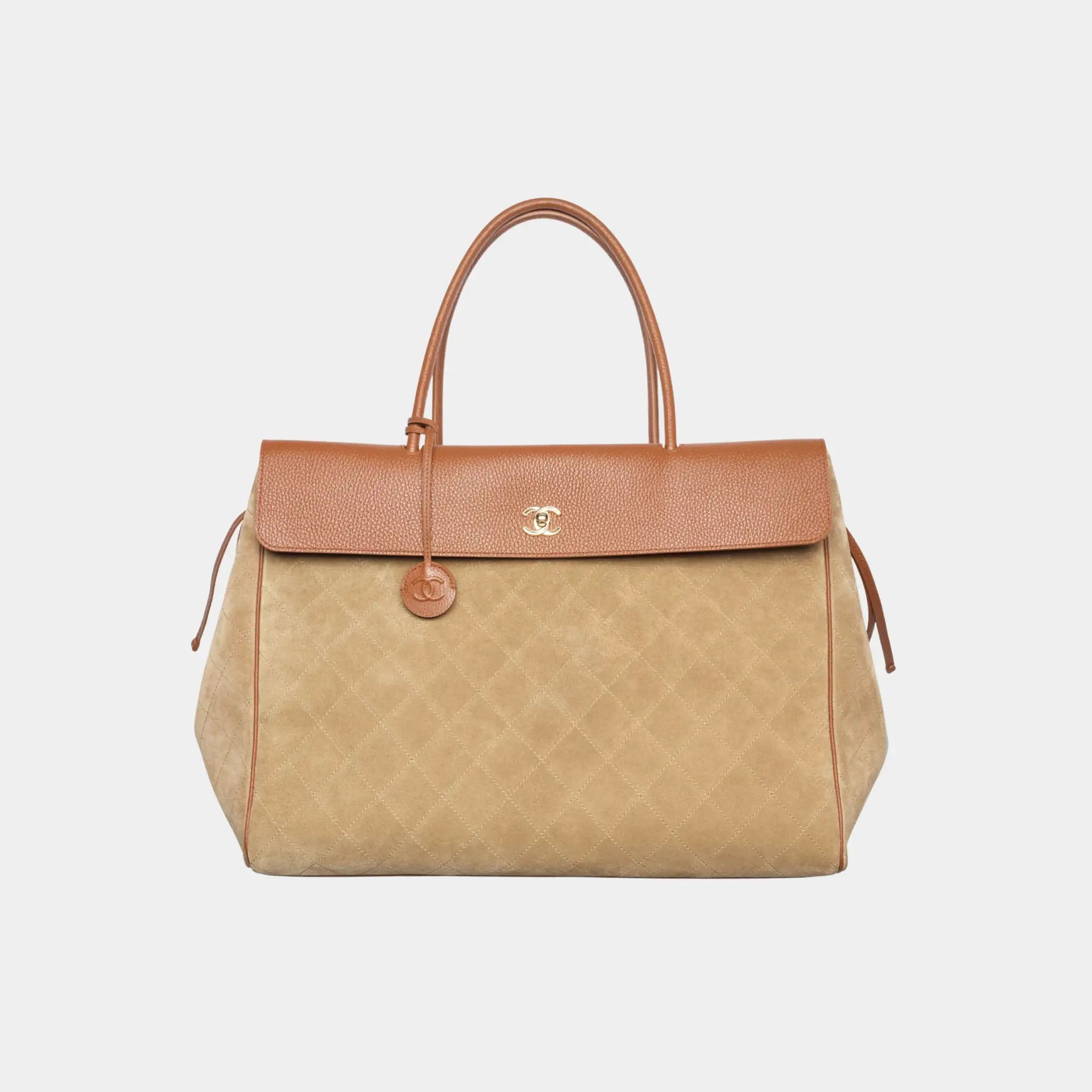 Chanel Large Tote in Suede & Grained Calfskin, Dark Beige, Camel, Front