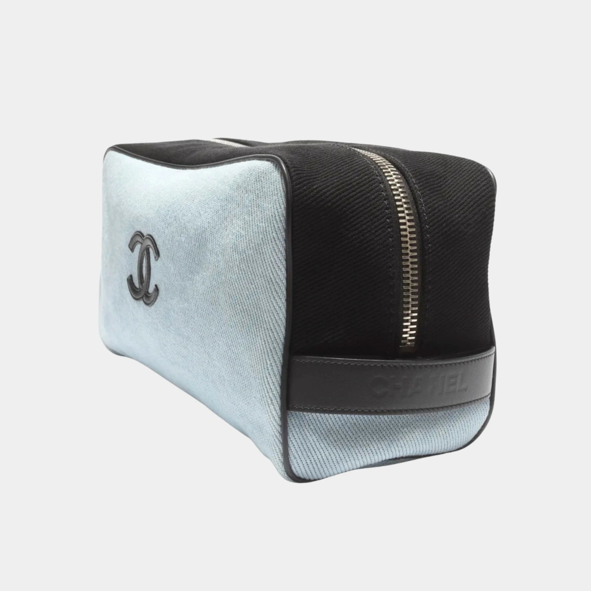 Chanel Large Zippered Pouch Canvas Calfskin & Silver-Plated Metal