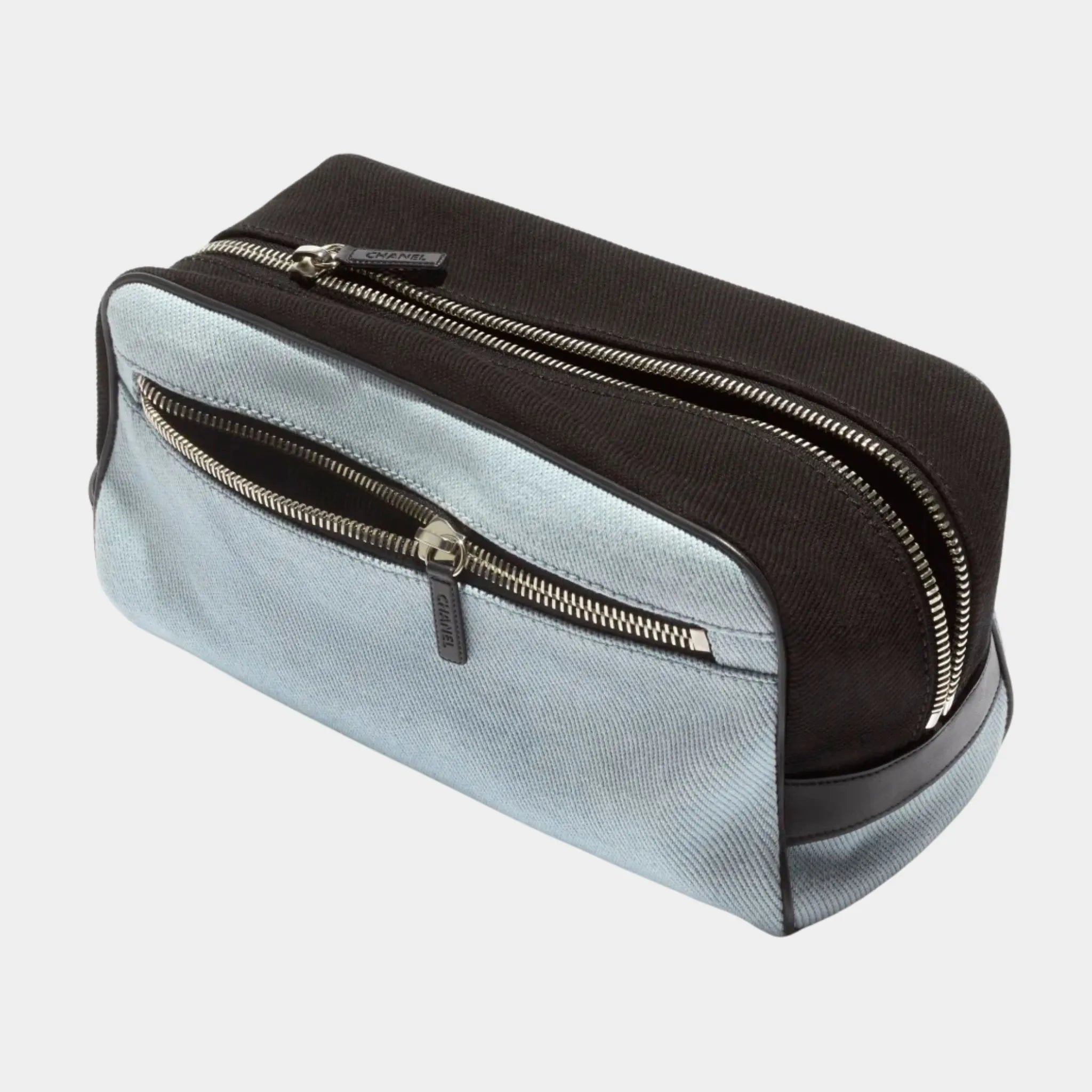 Chanel Large Zippered Pouch Canvas Calfskin & Silver-Plated Metal