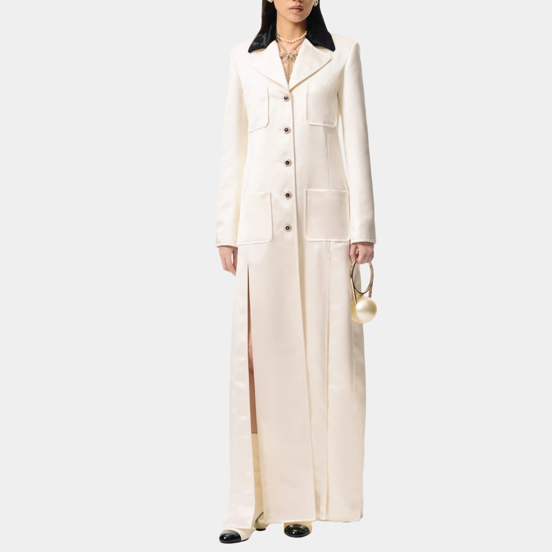 Chanel Long Coat in Silk Satin, White, Front
