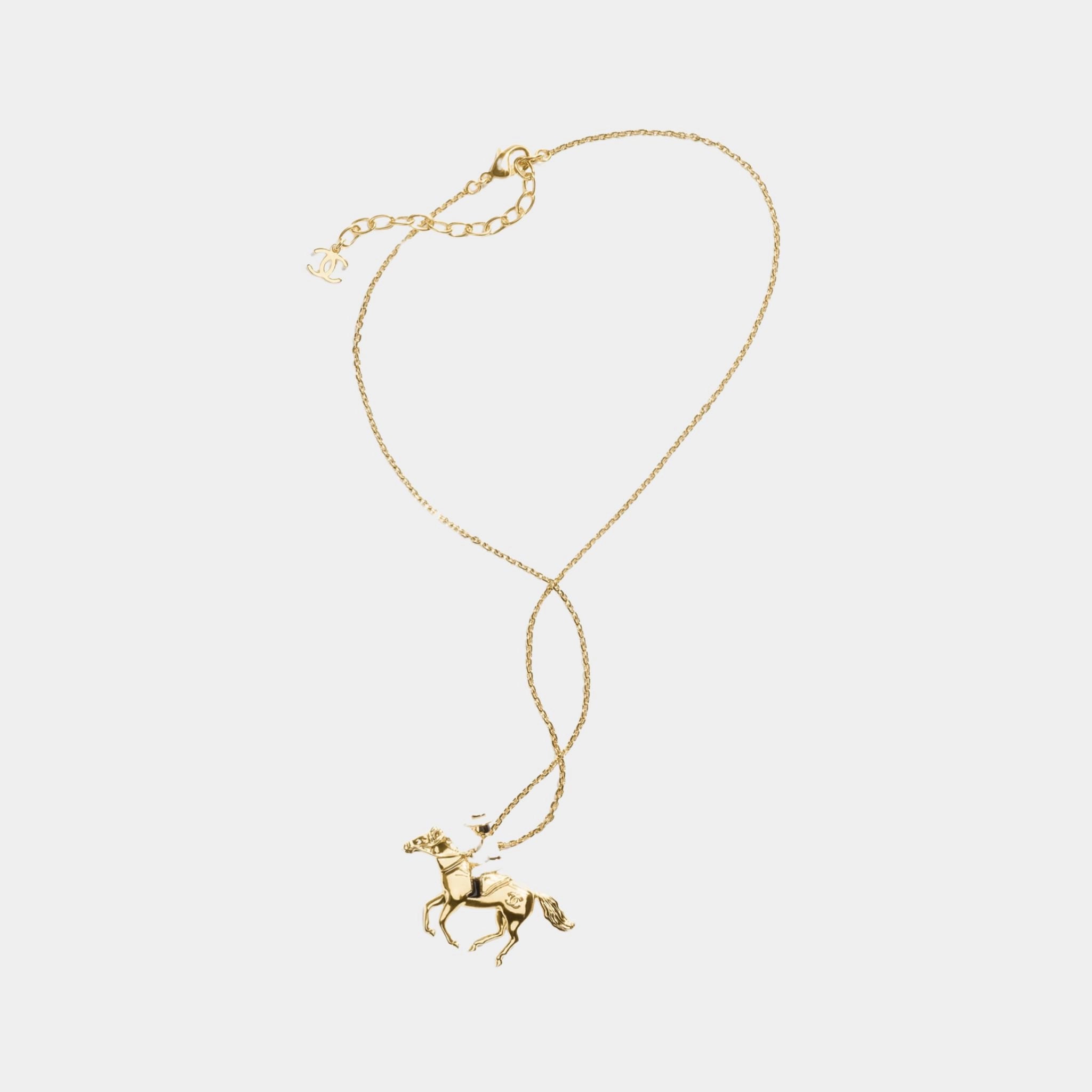 Long Pendant Horse Necklace Metal Gold White & Black