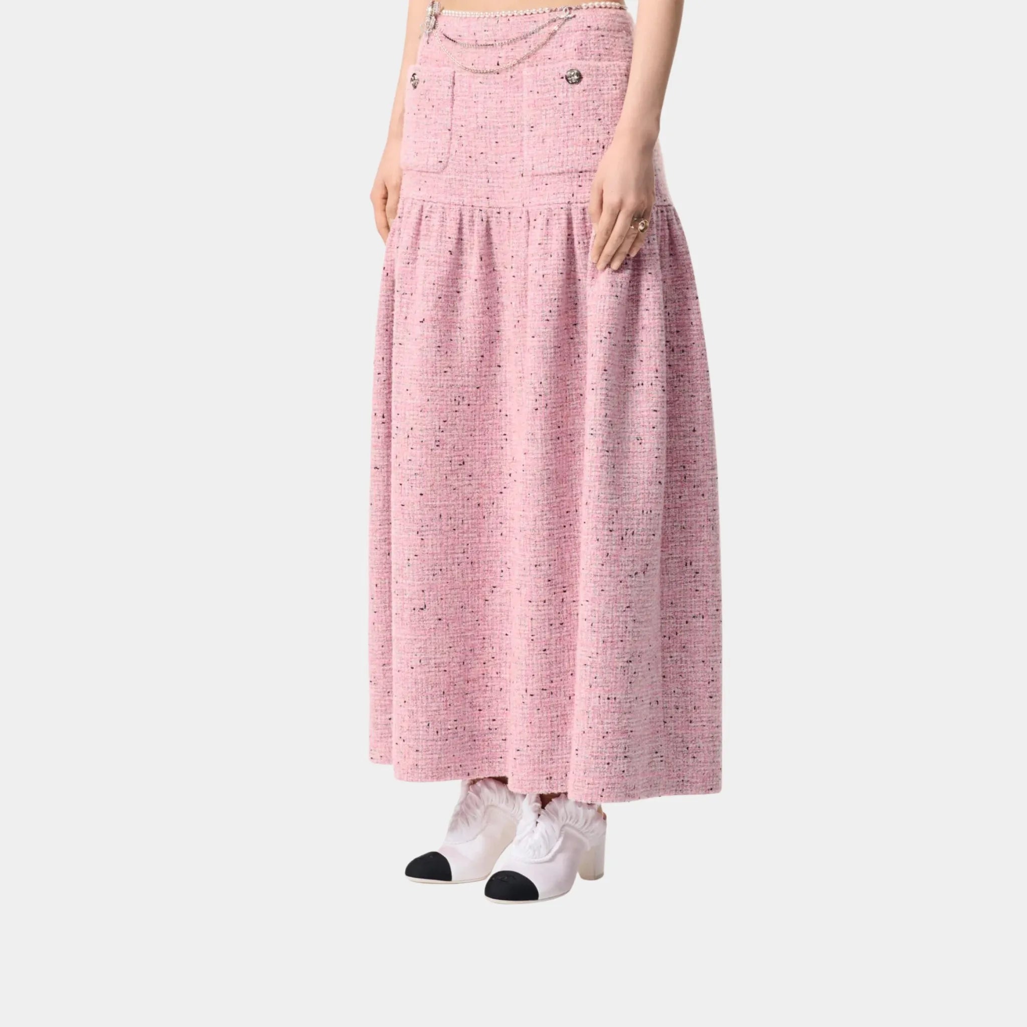 Chanel Long Skirt in Tweed, Pink, Black, White, Front