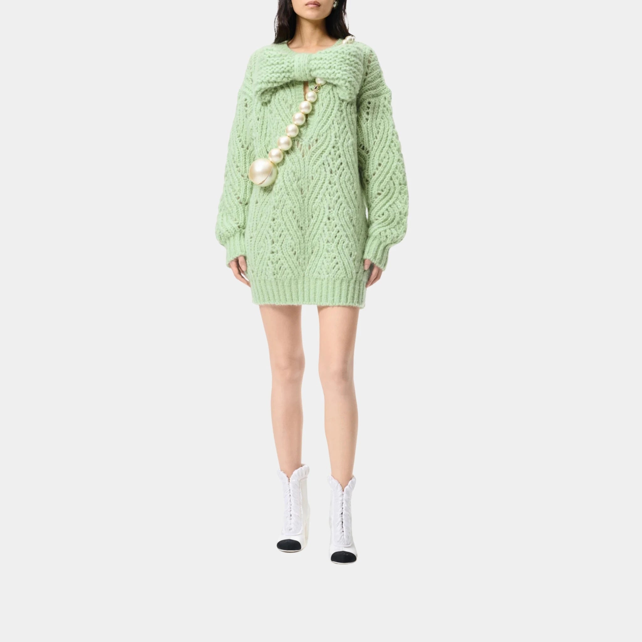 Chanel Long-sleeved Short Dress Mohair and Wool, Light Green, Front