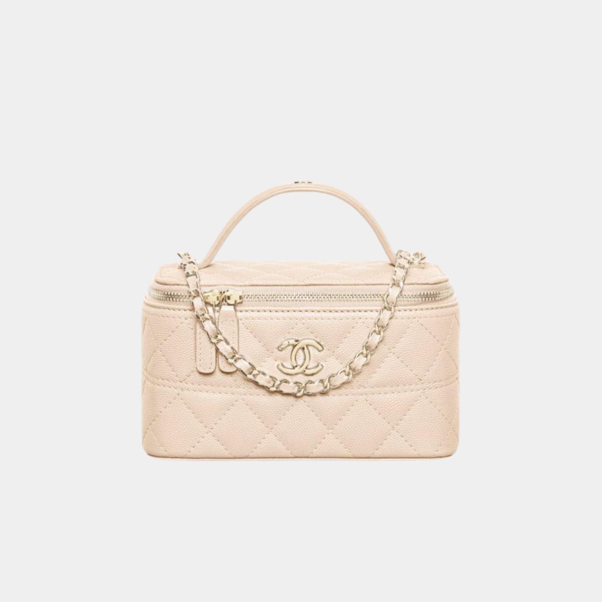 Chanel Long Vanity with Chain in Grained Calfskin and Gold Tone Metal, Light Beige