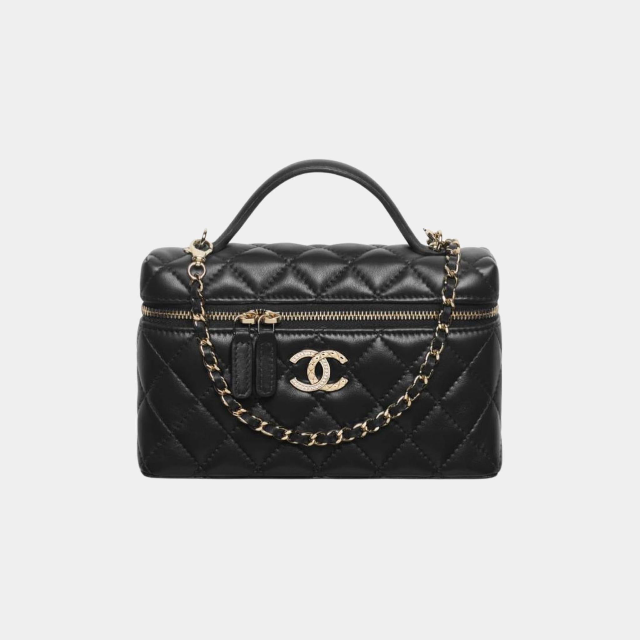 Chanel Long Vanity with Chain in Lambskin Diamante and Gold Metal, Black