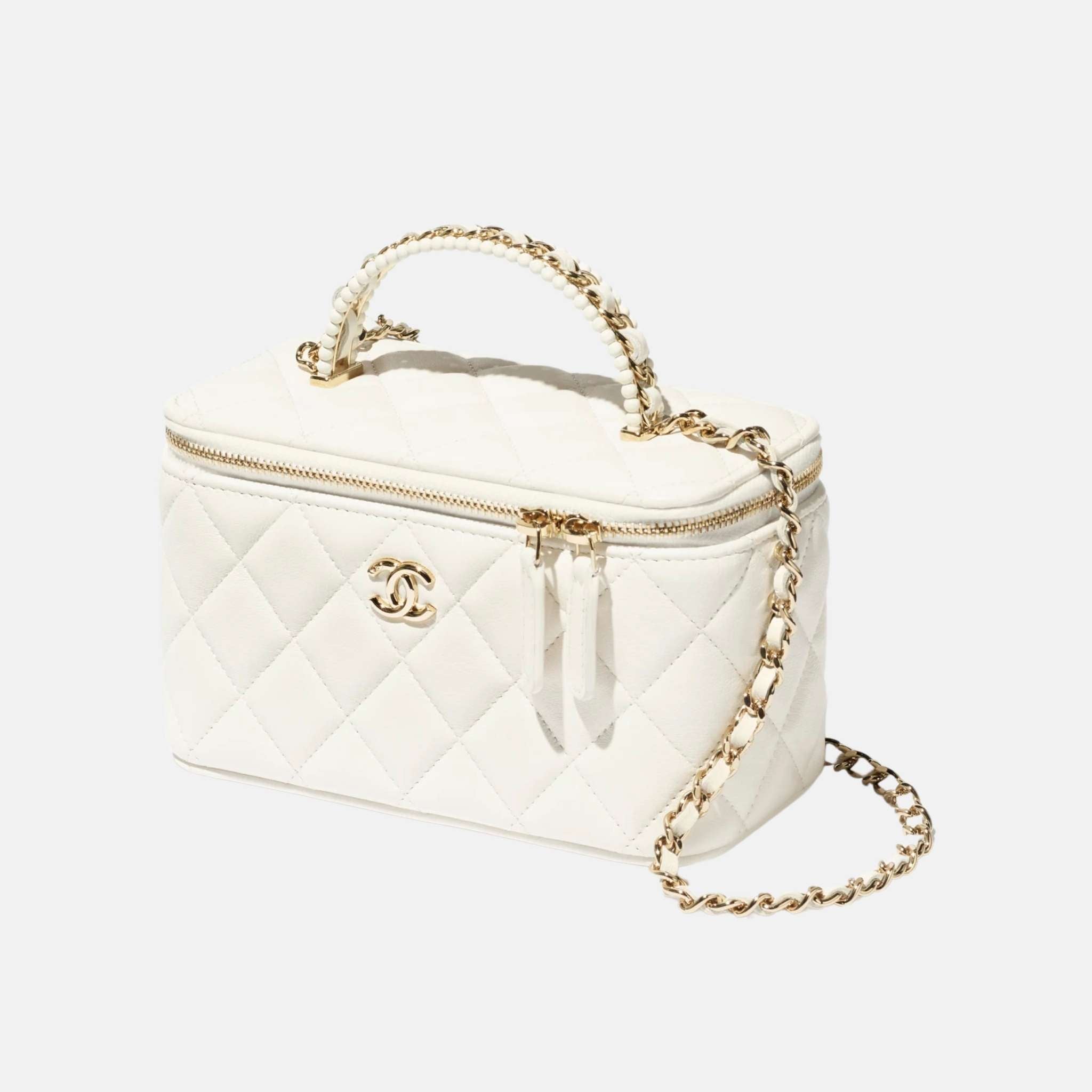 Chanel Long Vanity With Chain In Lambskin & Pearls White, Front