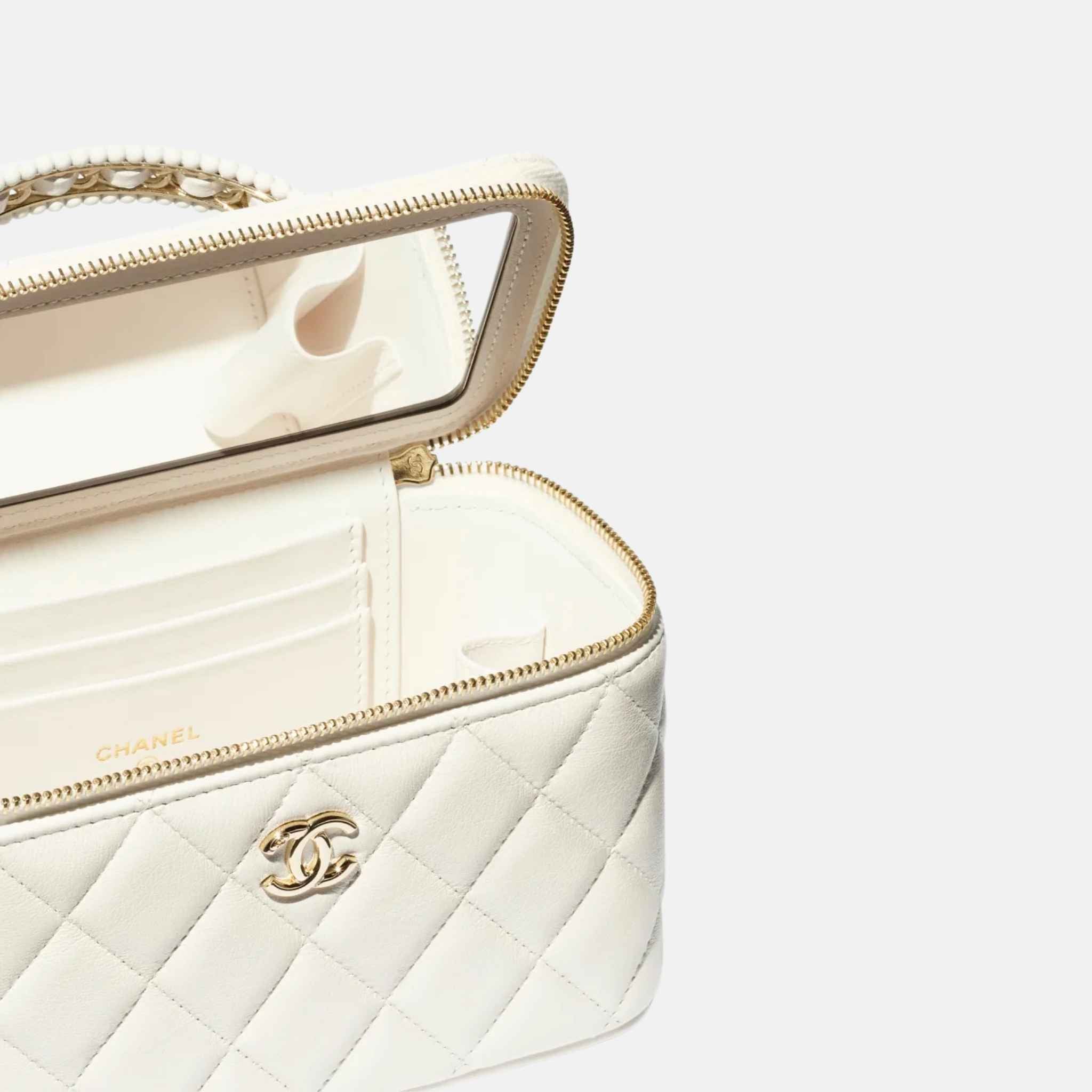 Chanel Long Vanity With Chain In Lambskin & Pearls White, Inside