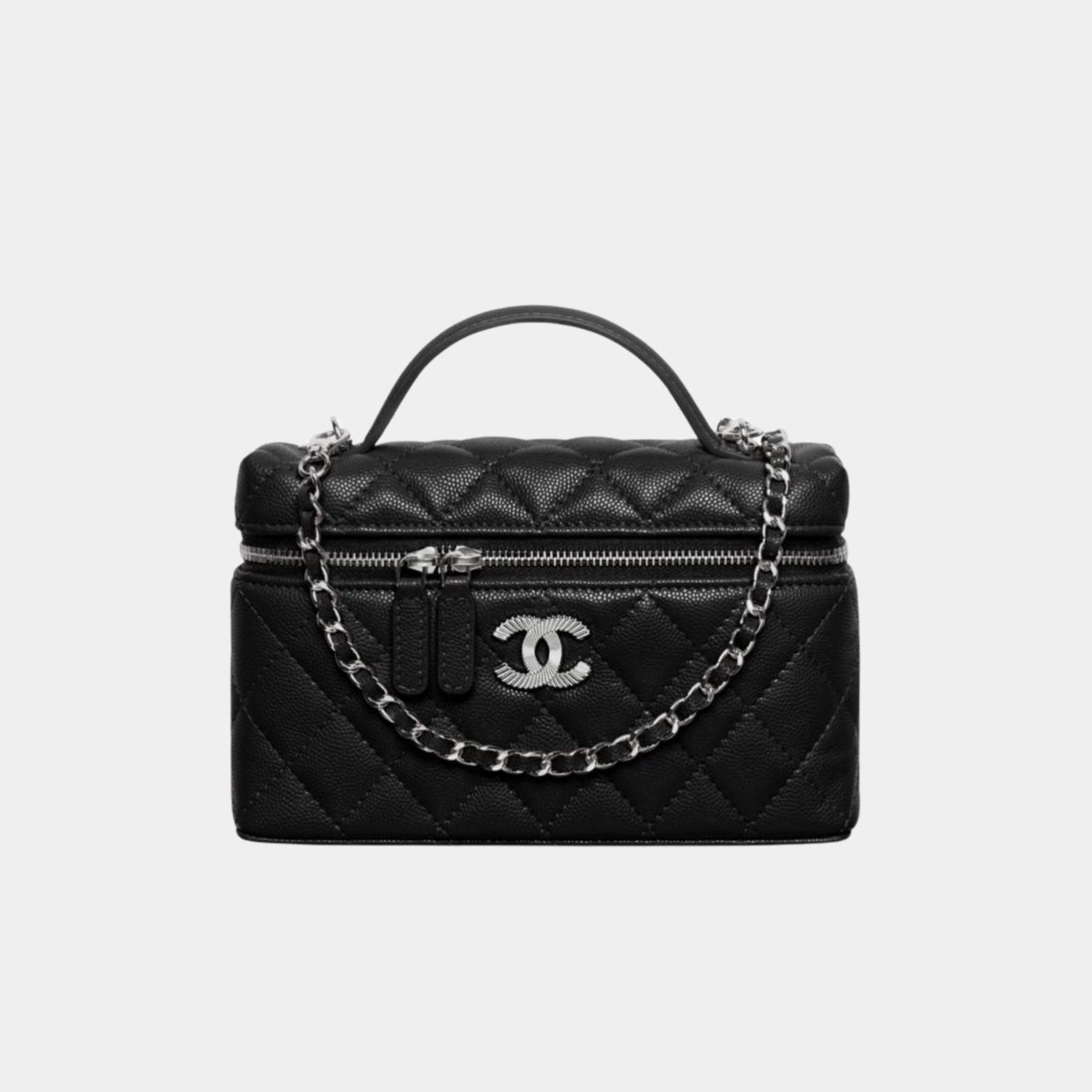 Chanel Long Vanity with Chain in Shiny Grained Calfskin and Silver Tone Metal, Black