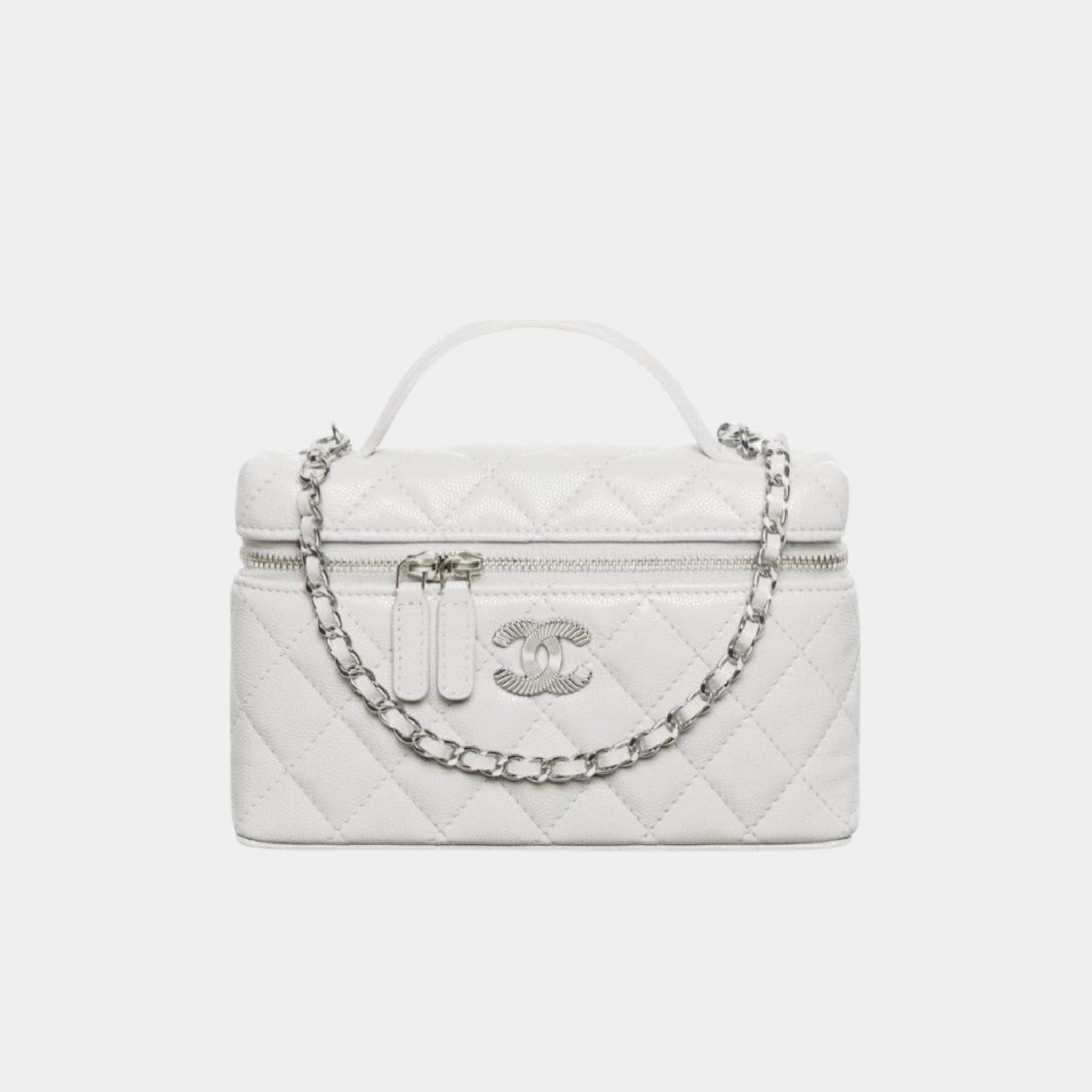 Chanel Long Vanity with Chain in Shiny Grained Calfskin and Silver Tone Metal, Light Grey