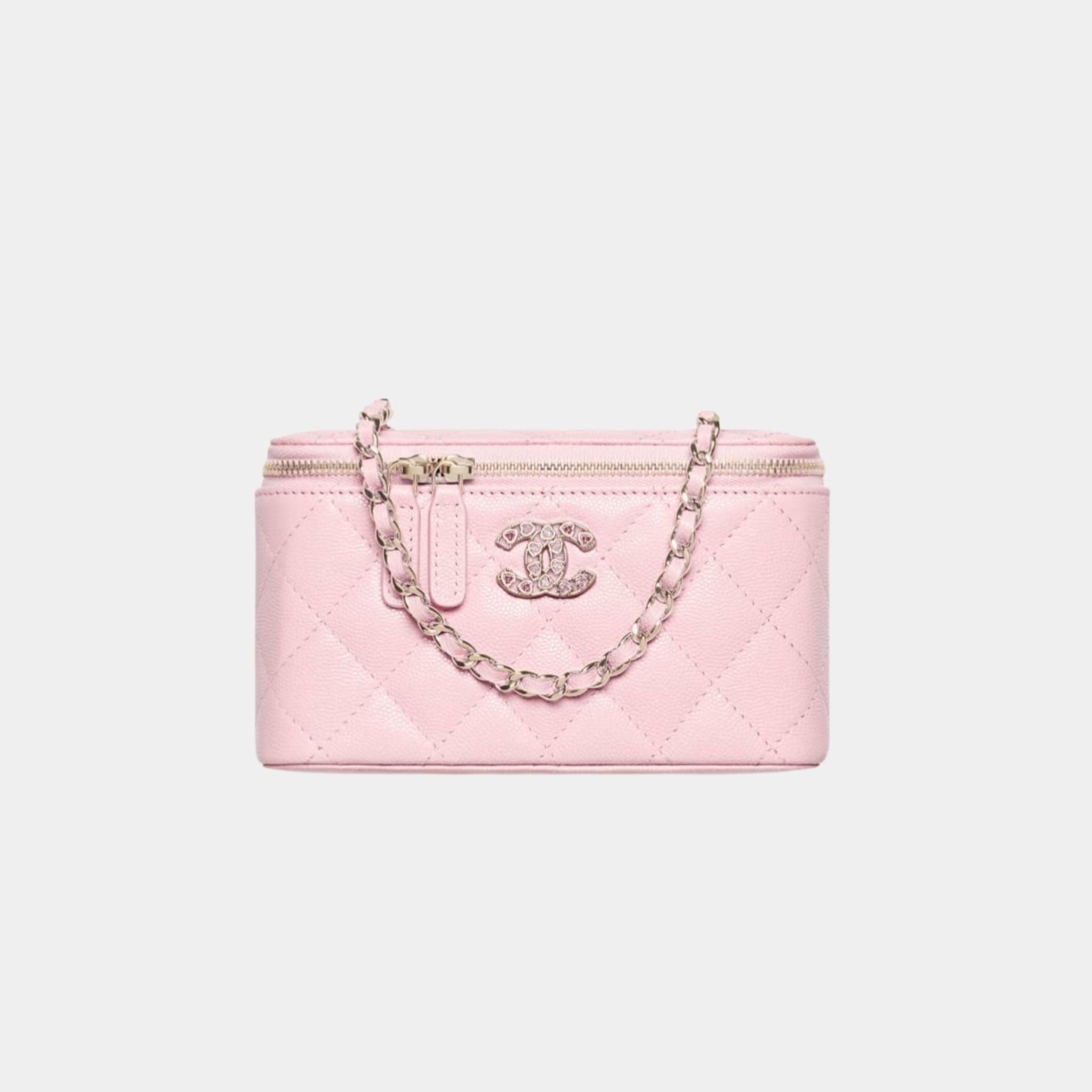 Chanel Long Vanity with Chain in Shiny Graind Calfskin and Strass, Light Pink