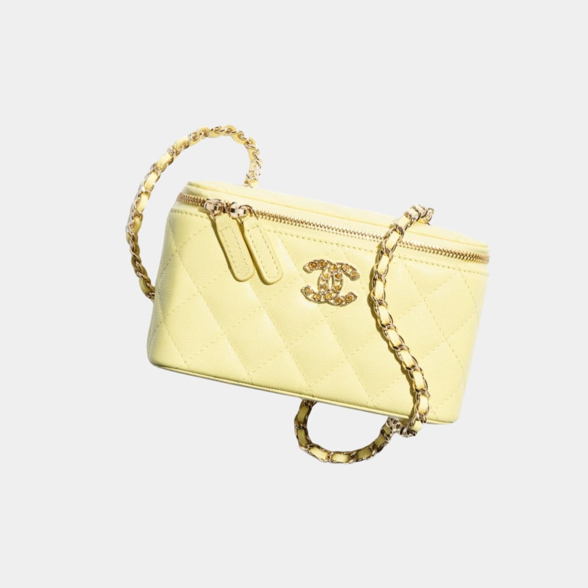 Chanel Long Vanity with Chain in Shiny Graind Calfskin and Strass, Light Yellow
