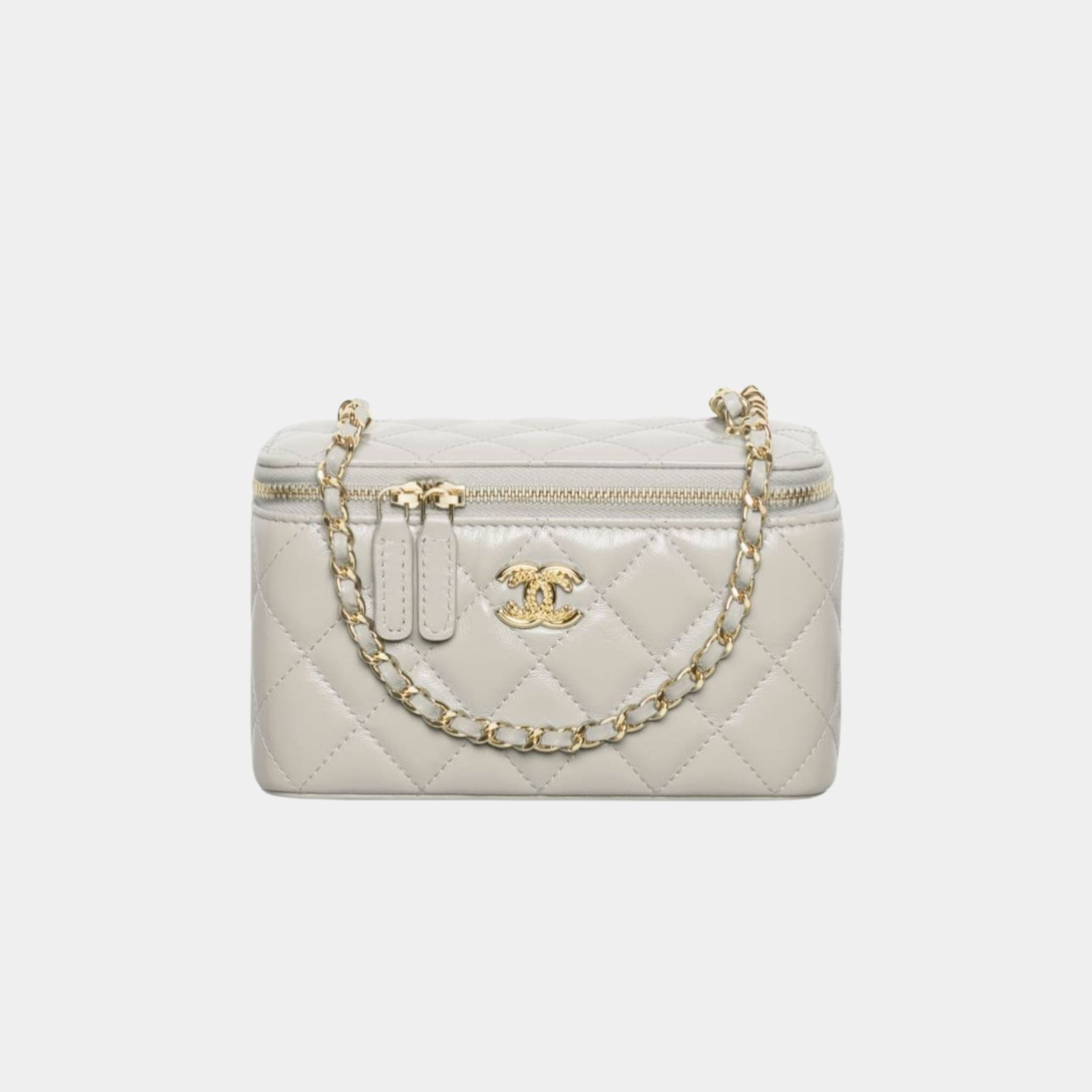 Chanel Long Vanity with Chain in Shiny Lambskin and Gold Tone, Light Grey