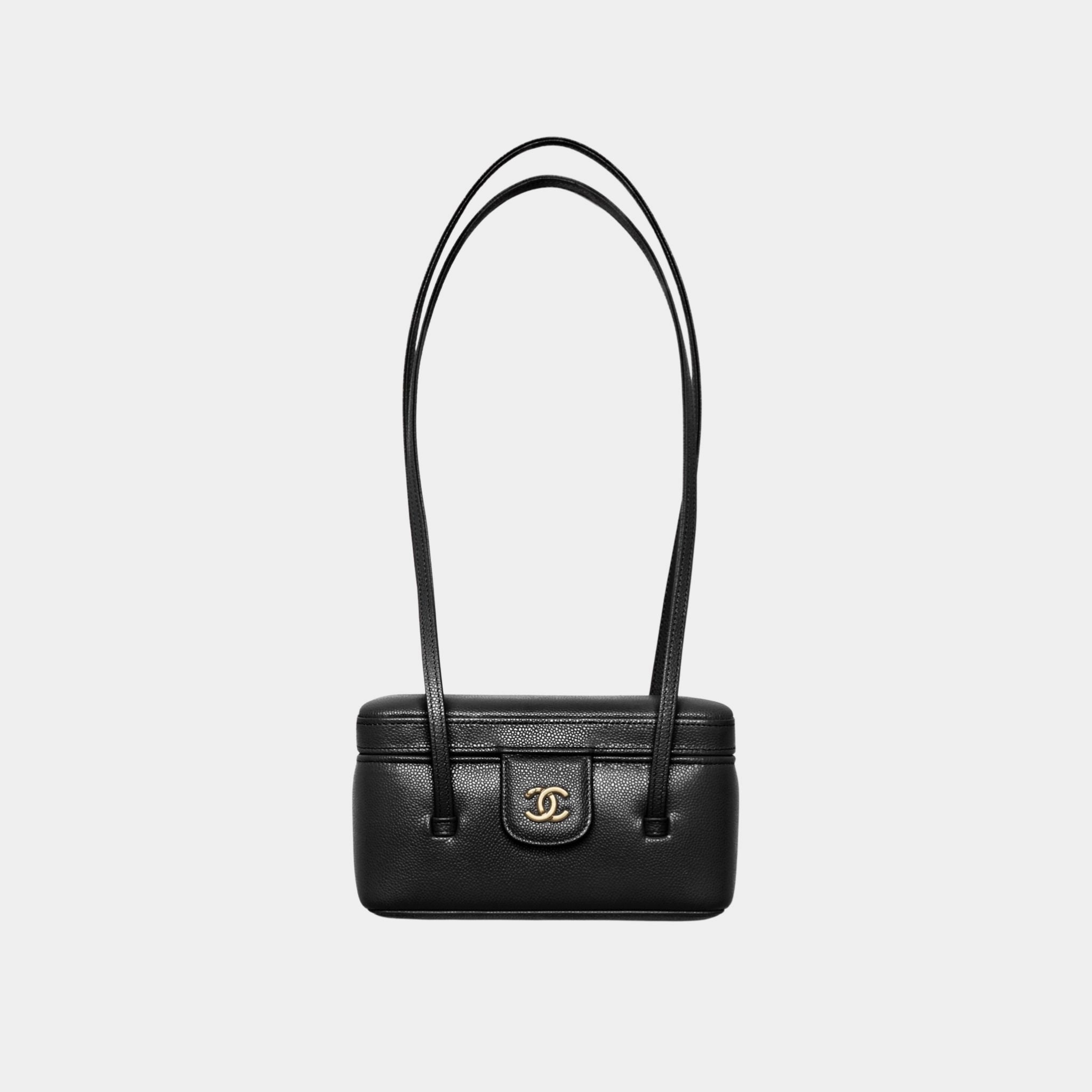 Chanel Long Vanity With Leather Strap Grained Shiny Calfskin & Gold Tone Metal, Black , Front