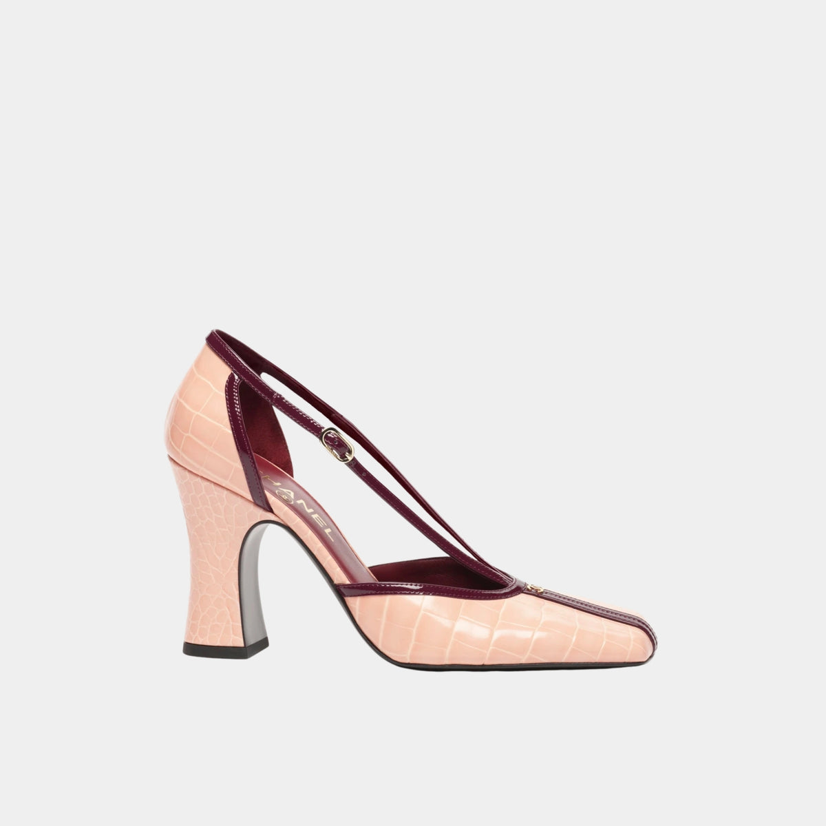 Mary Janes Crocodile Embossed Calfskin & Patent Calfskin Light Pink & Dark Burgundy