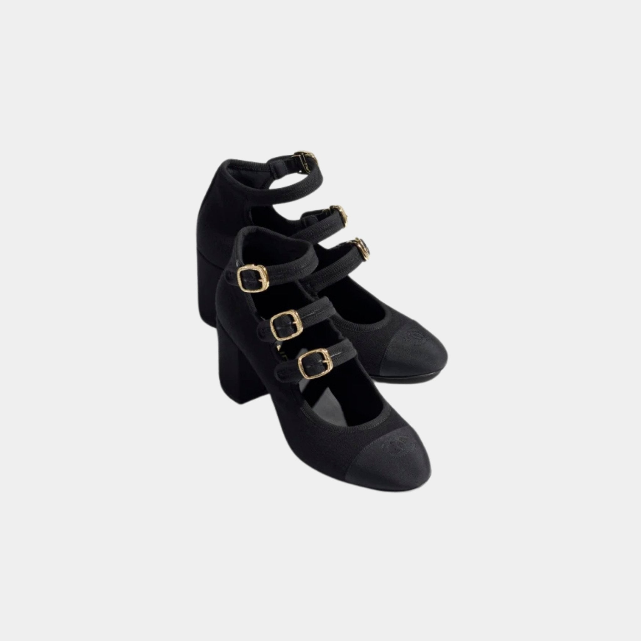 Chanel Mary Janes Fabric And Grosgrain Heels In Black, Front