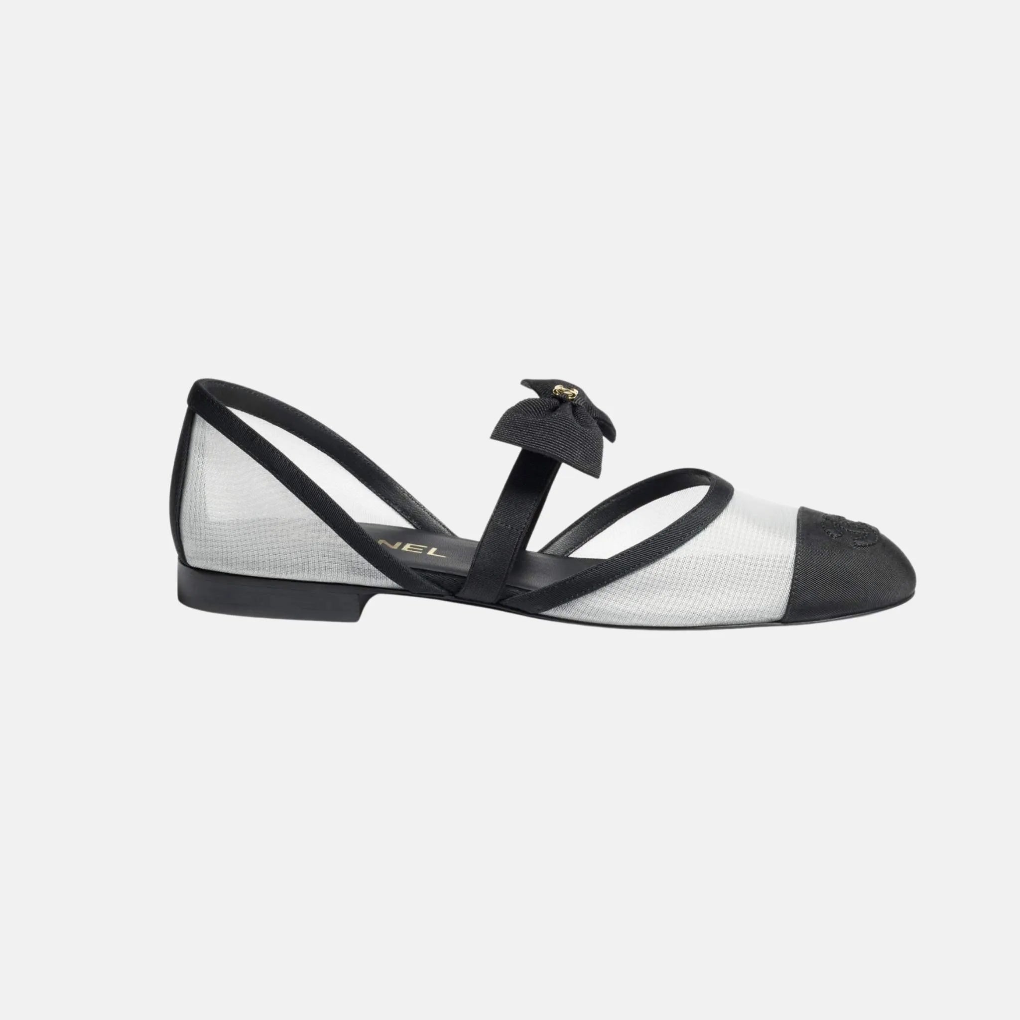 Chanel Mary Janes in Mesh and Grosgrain, White, Front