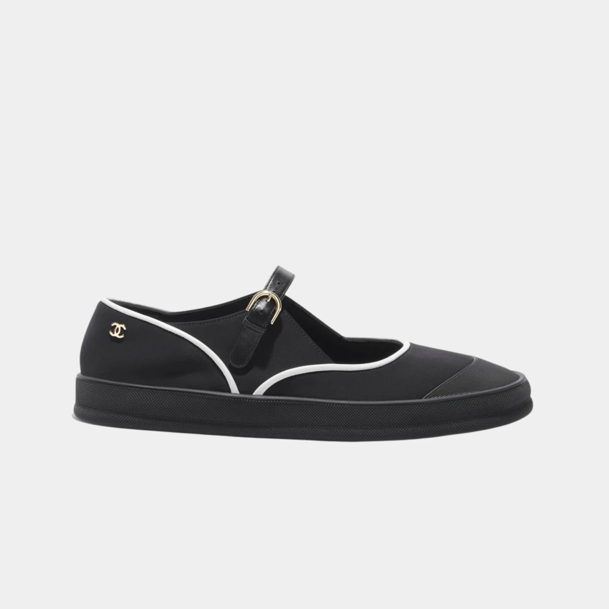 Chanel Mary Janes in Mixed Fibers & Rubber, Black, White, Side