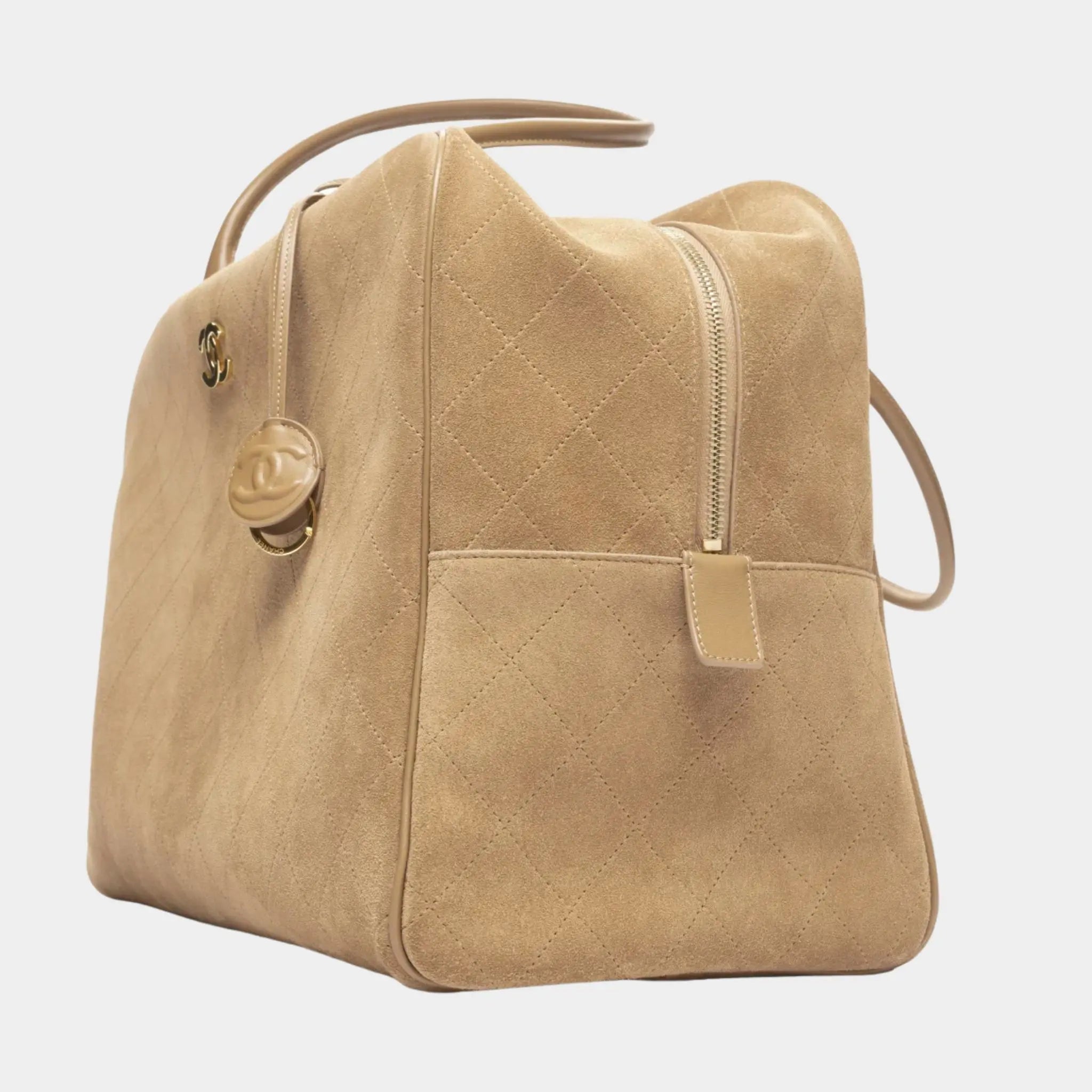 Chanel Maxi Bowling Bag Suede Calfskin & gold-tone metal Dark beige, Side