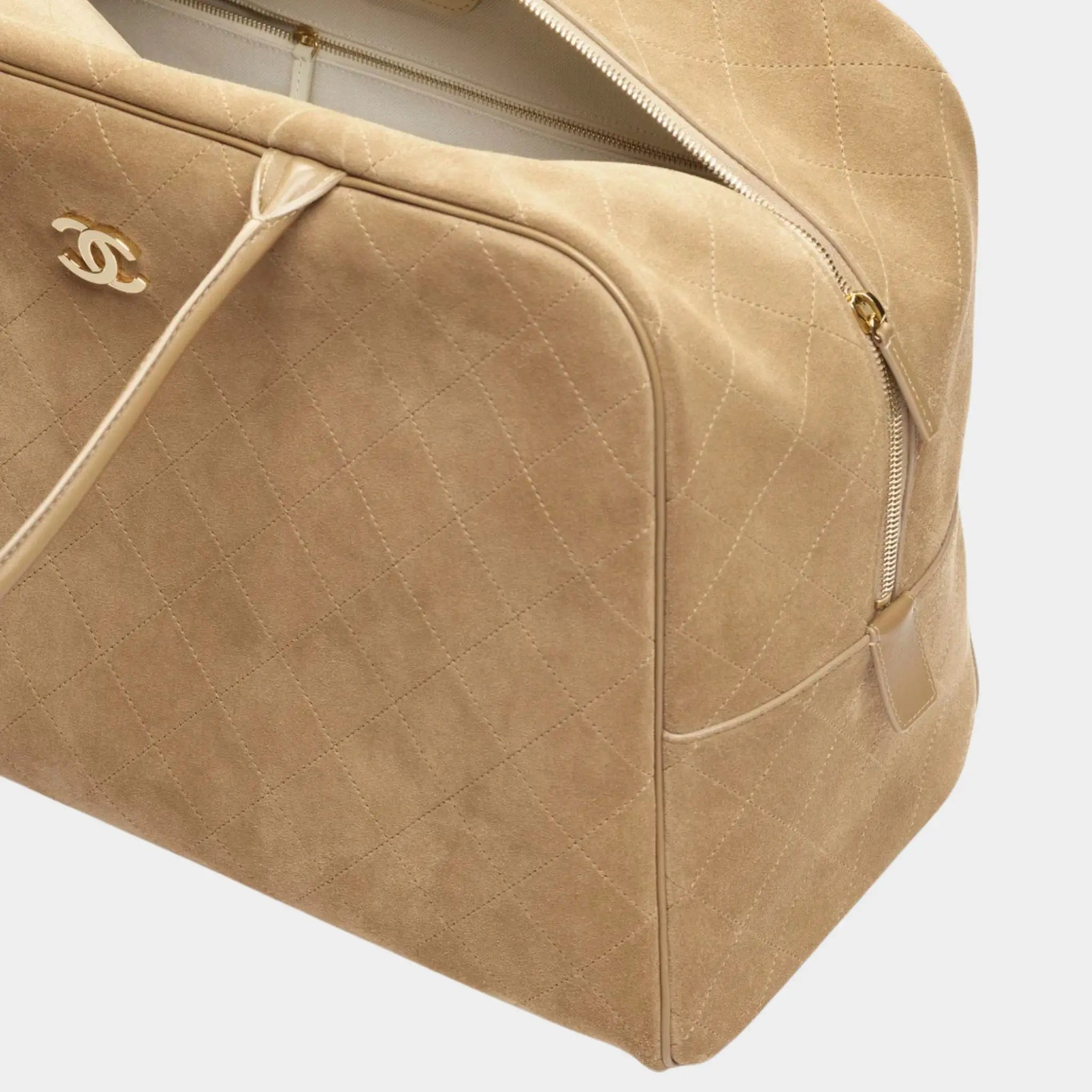 Chanel Maxi Bowling Bag Suede Calfskin & gold-tone metal Dark beige, Side