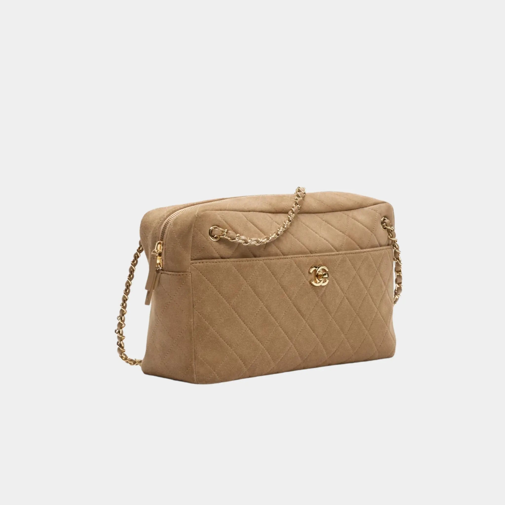 Chanel Maxi Camera Case in Dark Beige Suede Calfskin & Gold Metal, Front Side