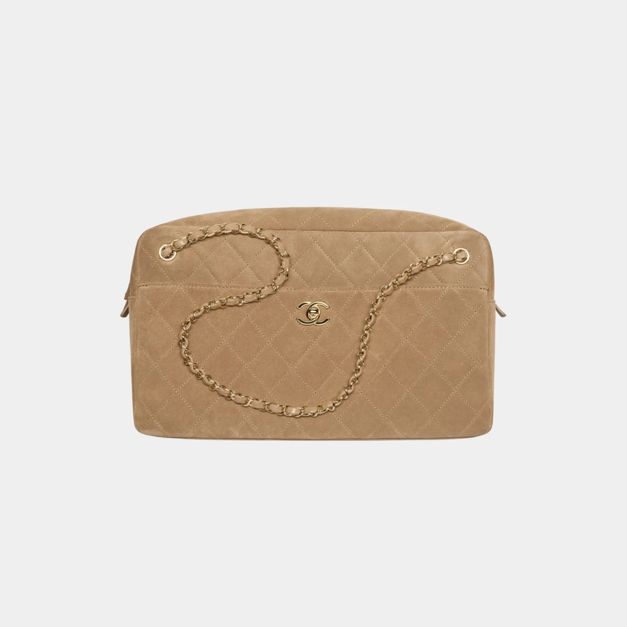 Chanel Maxi Camera Case in Dark Beige Suede Calfskin & Gold Metal, Front