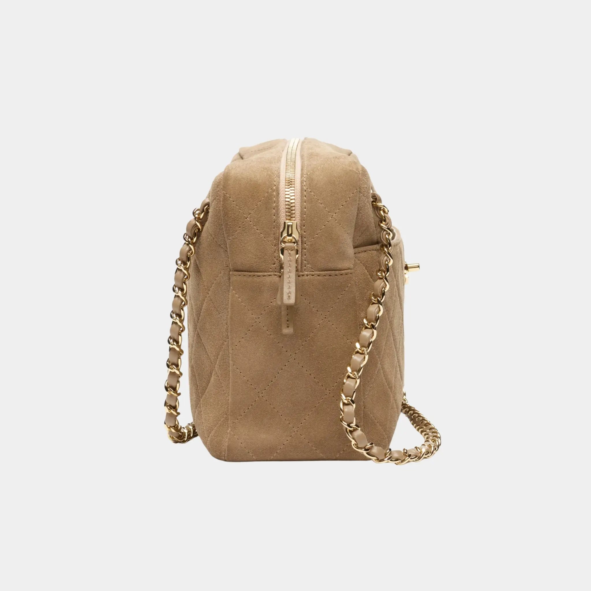 Chanel Maxi Camera Case in Dark Beige Suede Calfskin & Gold Metal, Side