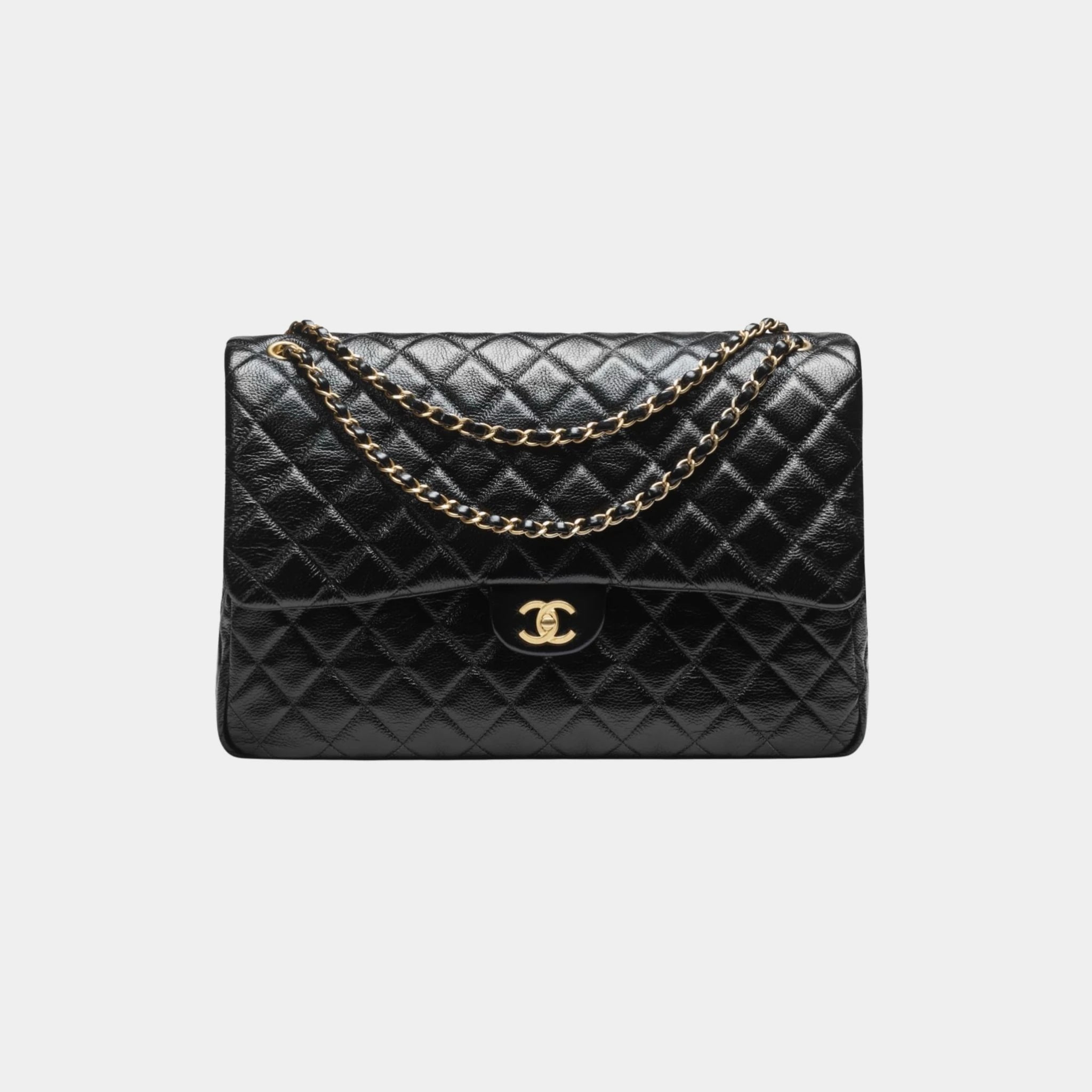 Chanel Maxi Flap Bag Grained Shiny Calfskin & Gold Tone Metal Black, Front