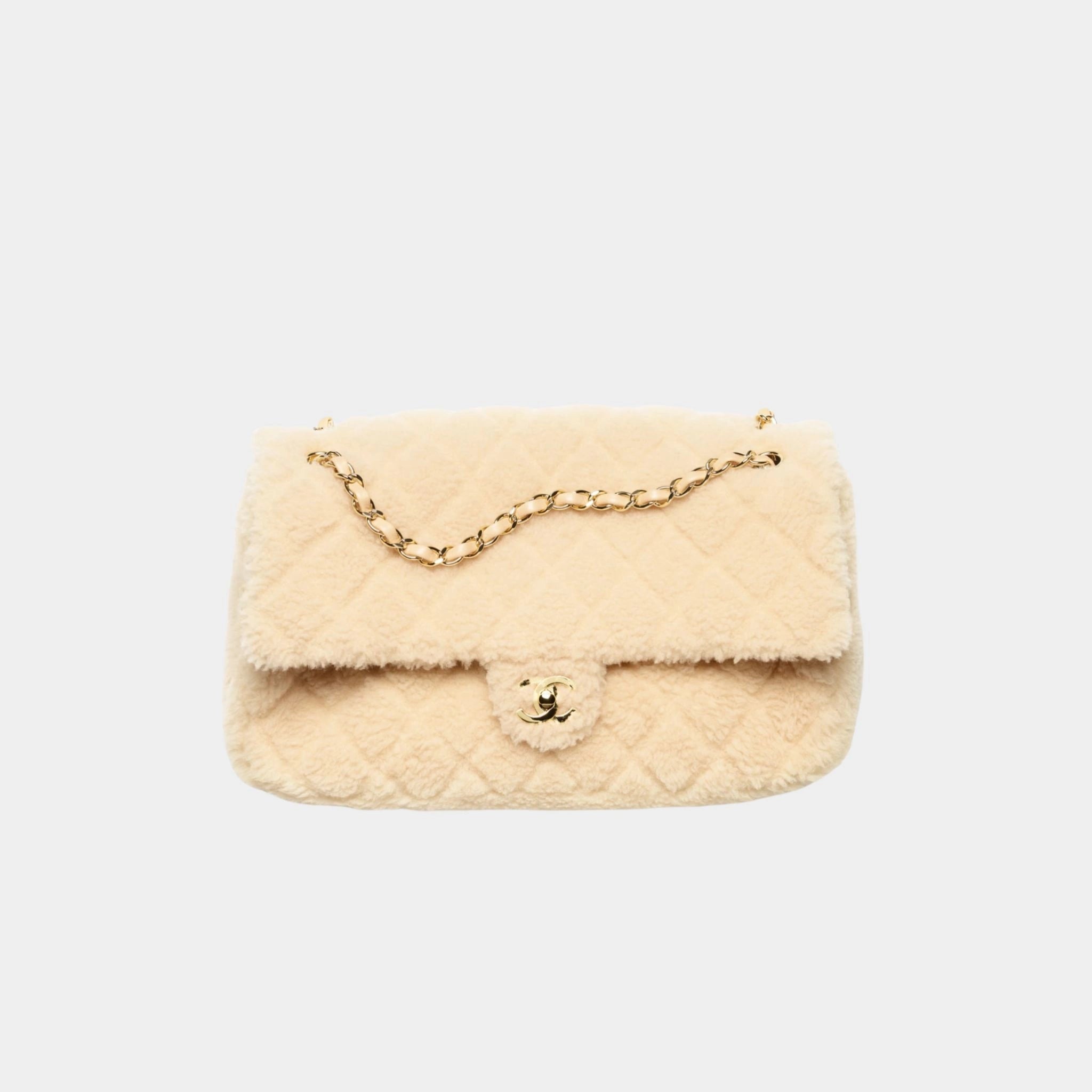 Maxi Flap Bag Shearling Lambskin & Gold Tone Metal Beige