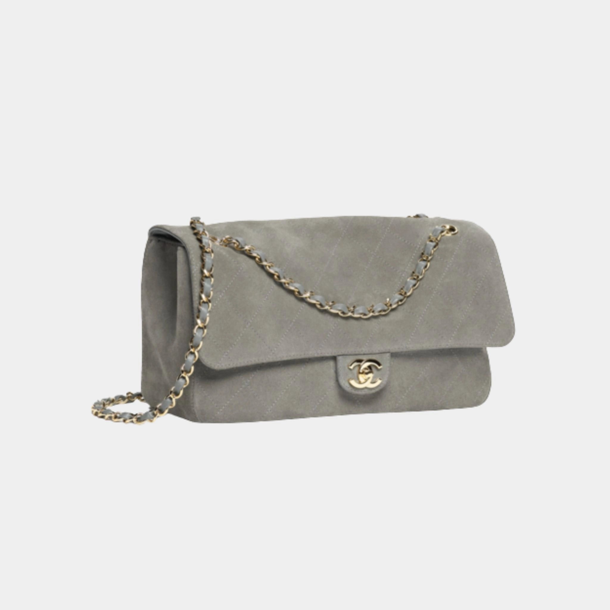 Chanel Maxi Flap Bag Suede Calfskin & Gold Metal, Dark Grey