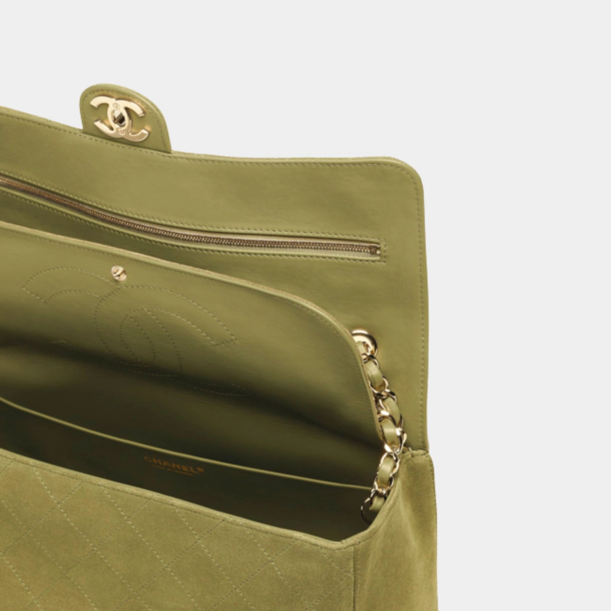 Chanel Maxi Flap Bag Suede Calfskin & Gold Metal, Khaki
