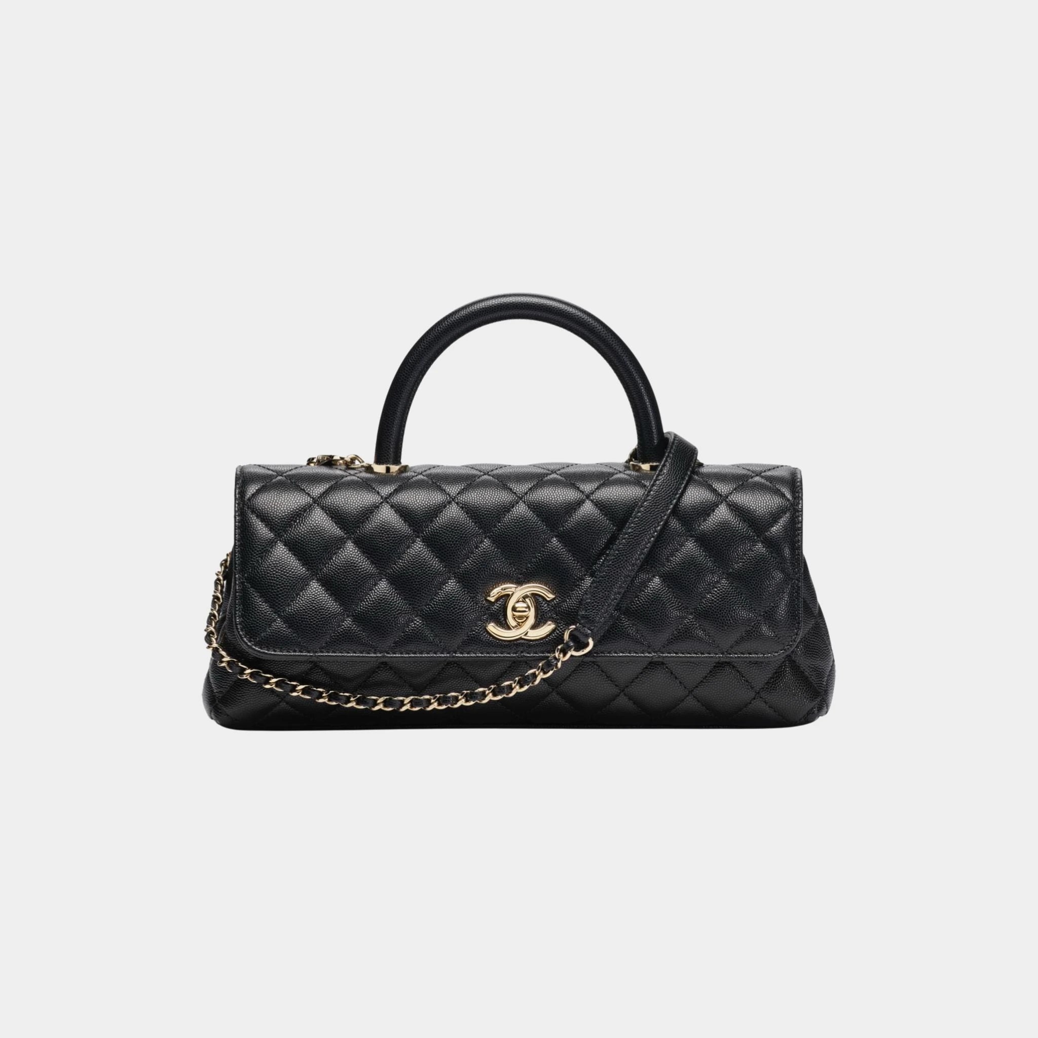 Chanel Maxi Flap Bag With Top Handle Leather & Gold tone Metal, Black , Front