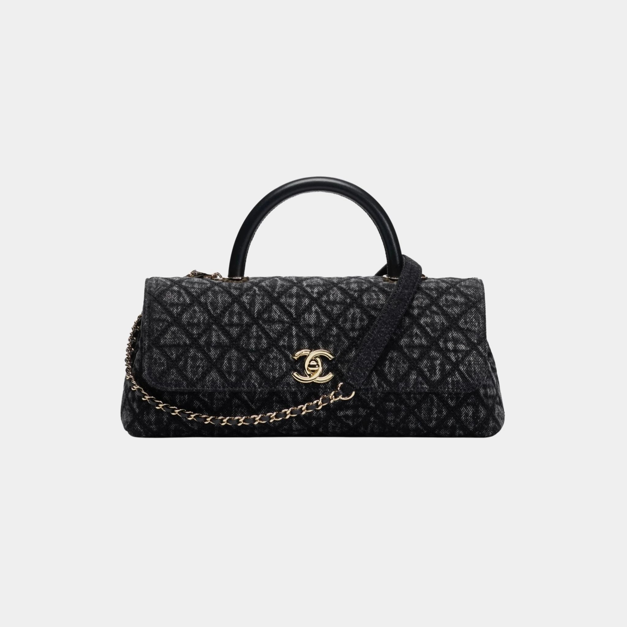 Maxi Flap Bag With Top Handle Washed Denim Calfskin & Gold Tone Black
