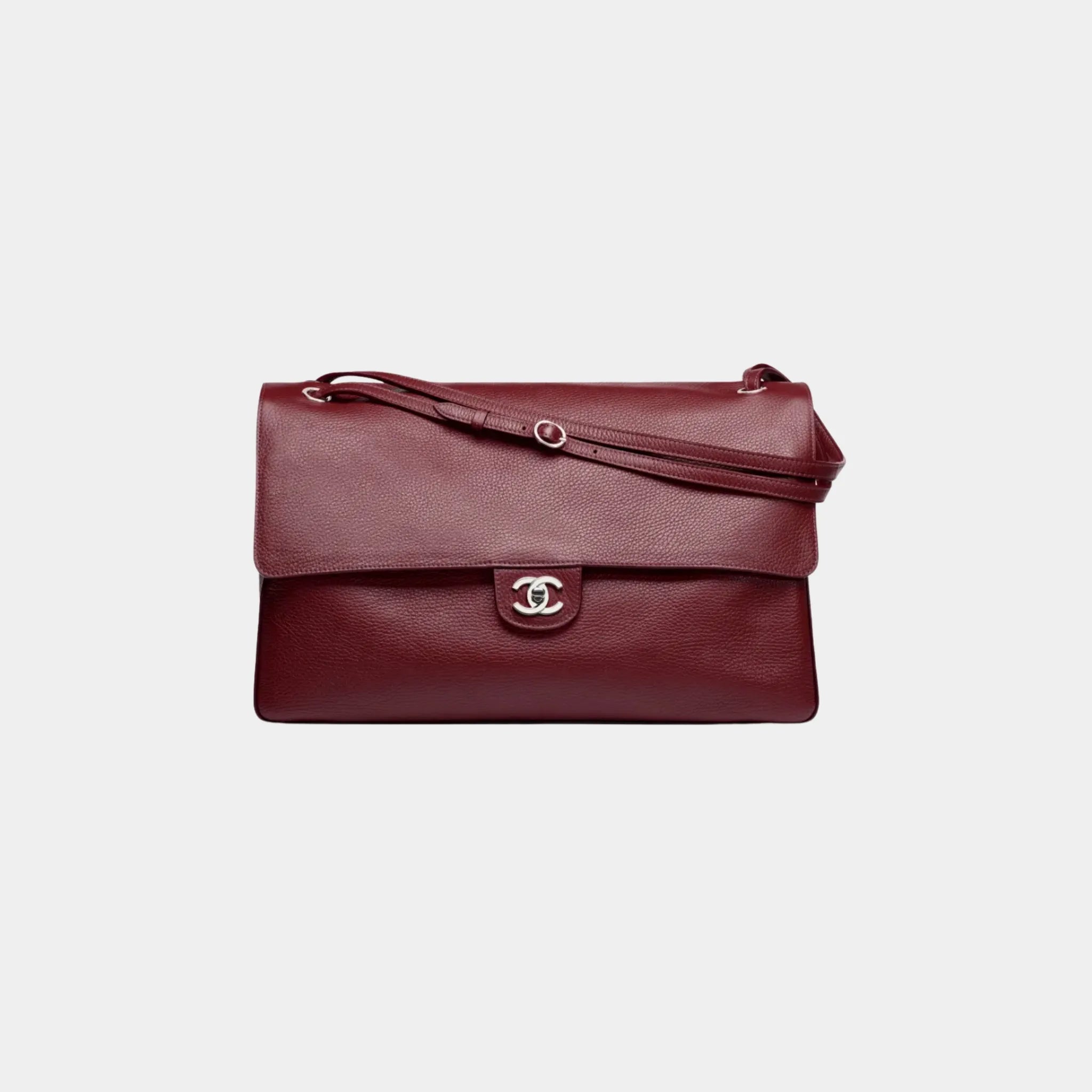 Chanel Maxi Flapbag in Grained Calfskin & Silver Metal, Dark Burgundy, Front