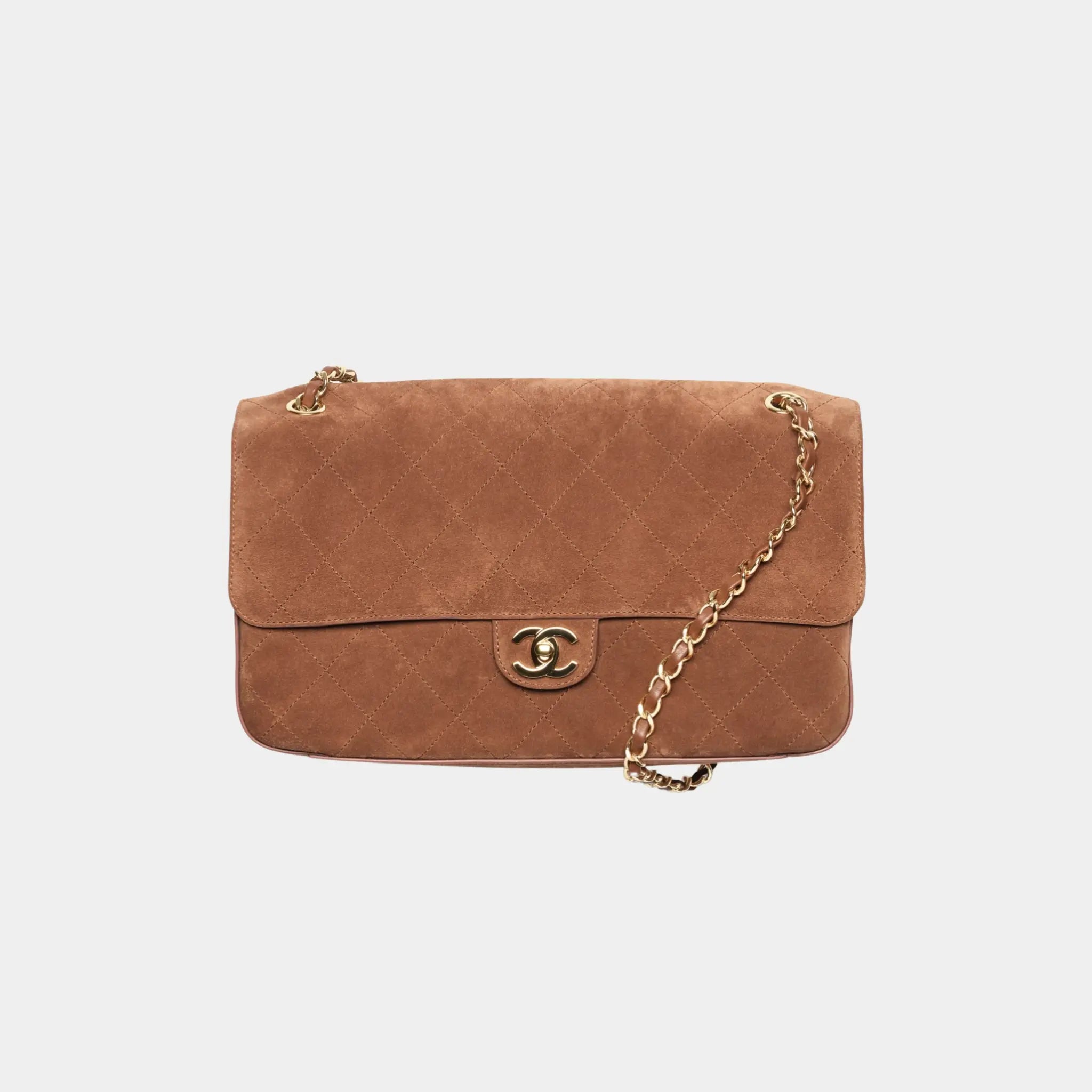 Chanel Maxi Flapbag in Suede Calfskin & Gold-Tone Metal, Camel, Front