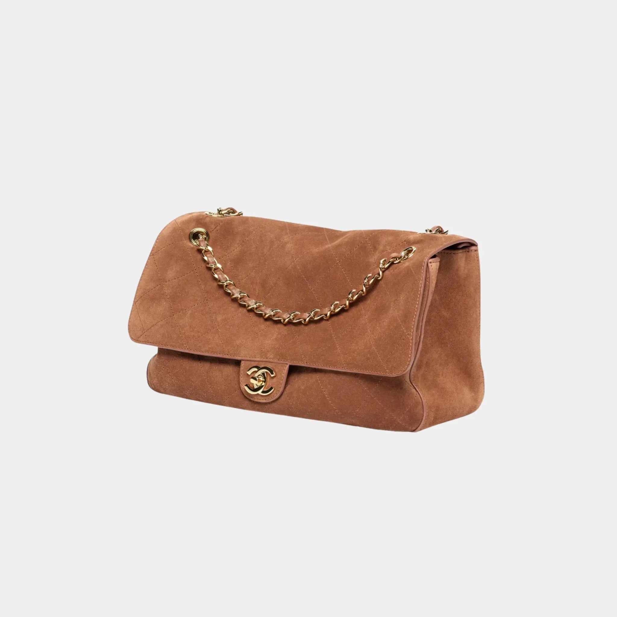 Chanel Maxi Flapbag in Suede Calfskin & Gold-Tone Metal, Camel, Side
