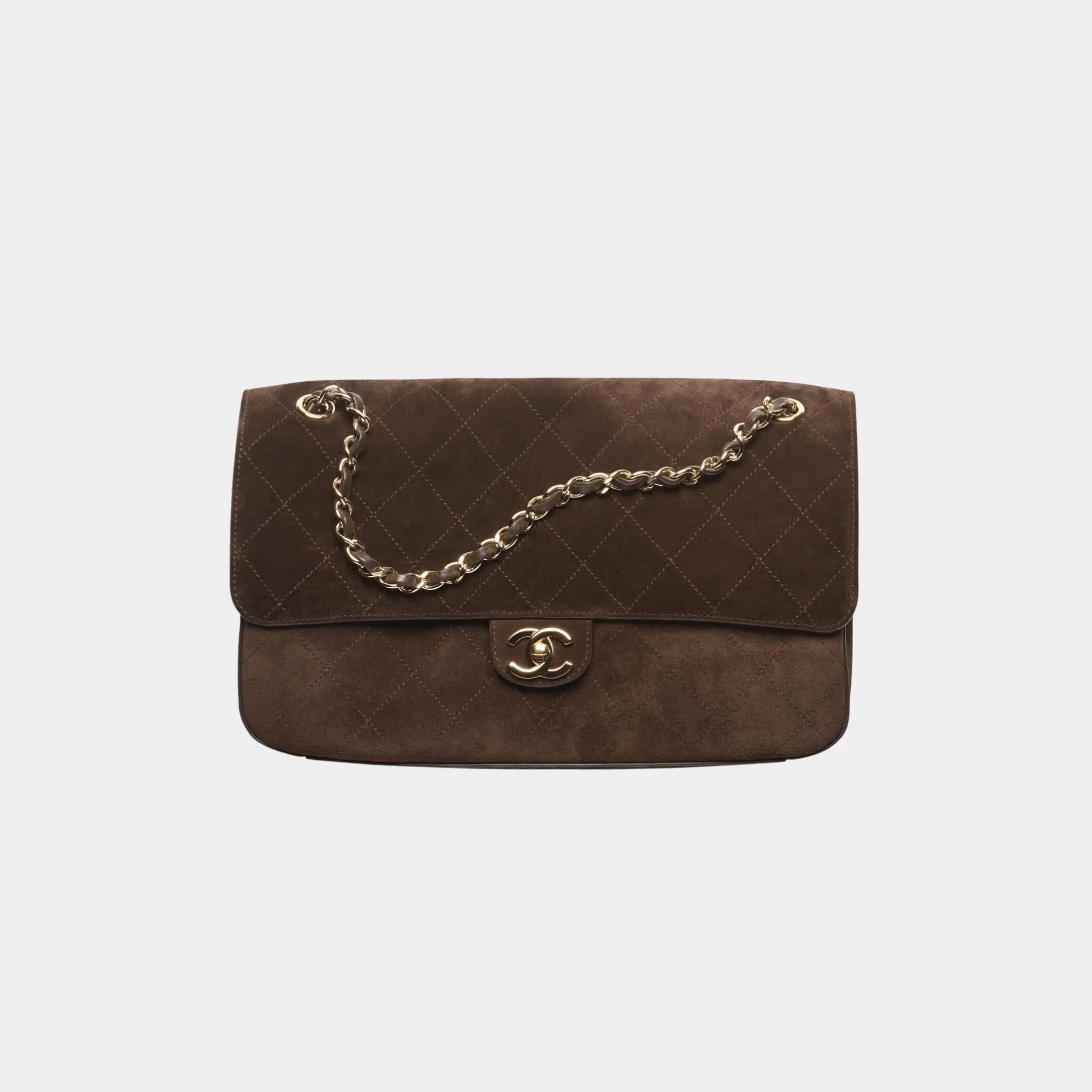 Chanel Maxi Flapbag in Suede Calfskin & Gold-Tone Metal, Dark Brown, Front