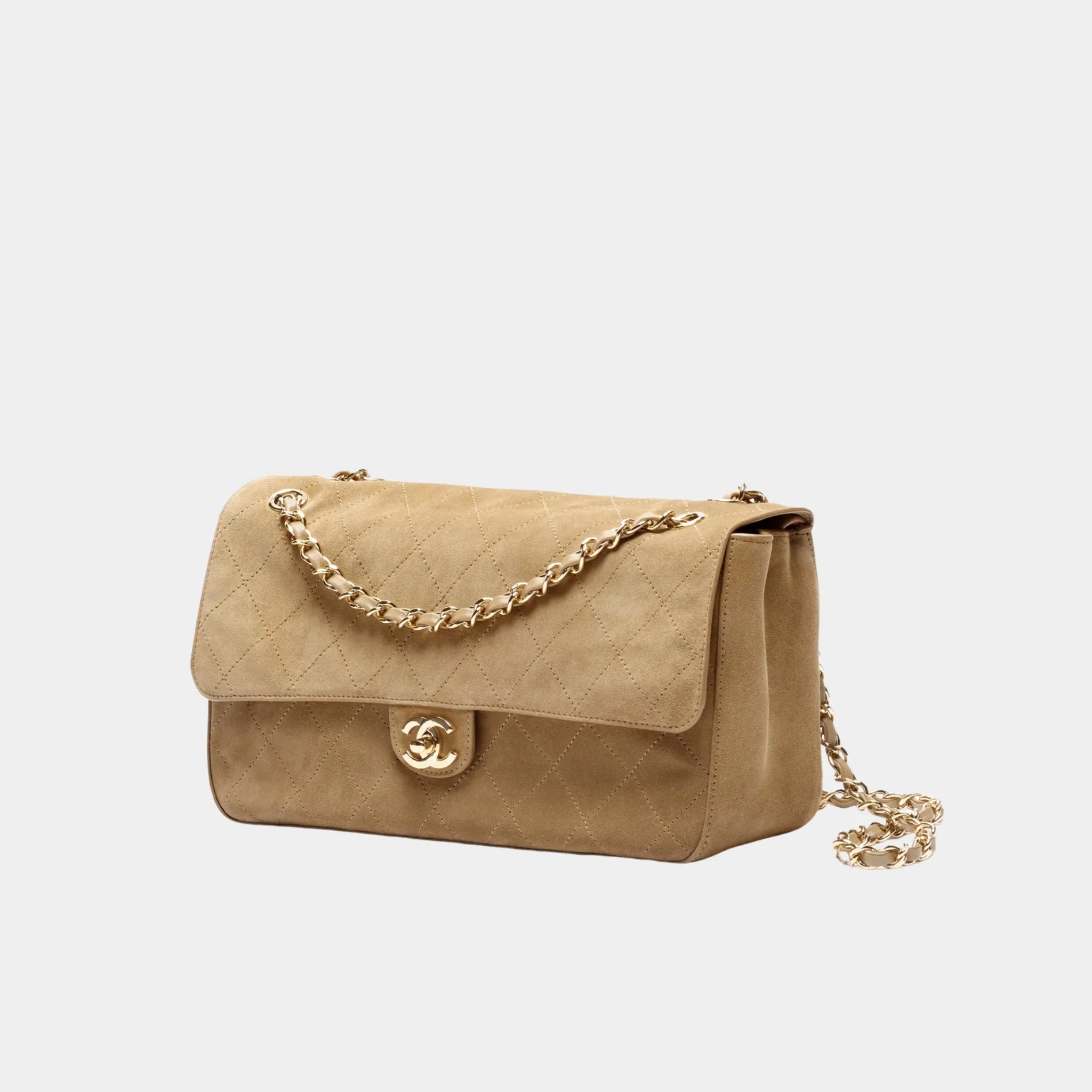 Chanel Maxi Flapbag in Suede Calfskin & Gold Metal, Dark Beige, Front