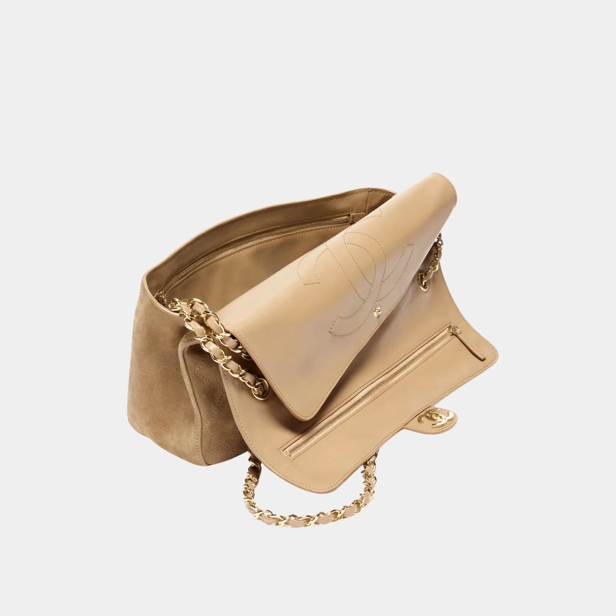 Chanel Maxi Flapbag in Suede Calfskin & Gold Metal, Dark Beige, Inside