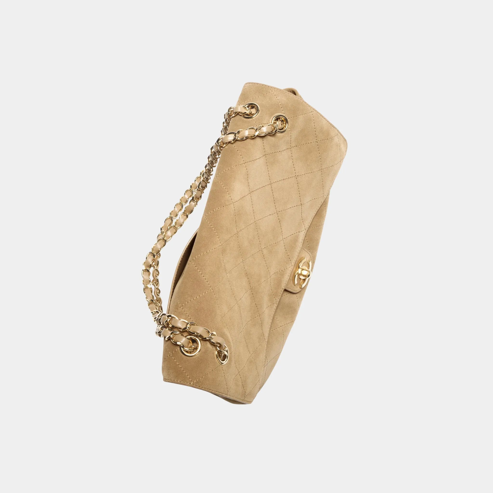Chanel Maxi Flapbag in Suede Calfskin & Gold Metal, Dark Beige, Top