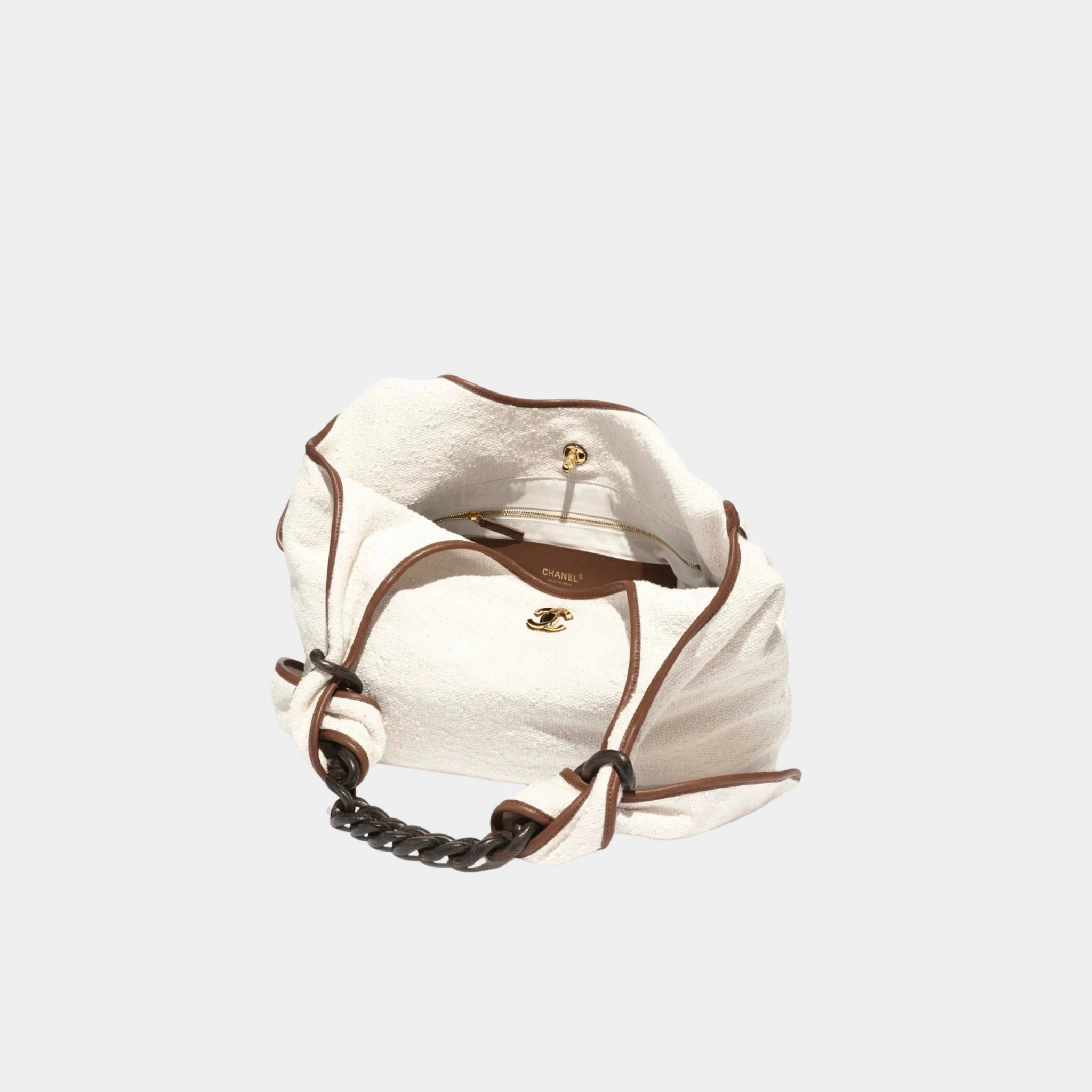 Chanel Maxi Hob Bag Canvas Calfskin Wood & Gilded Metal Ecru & Camel