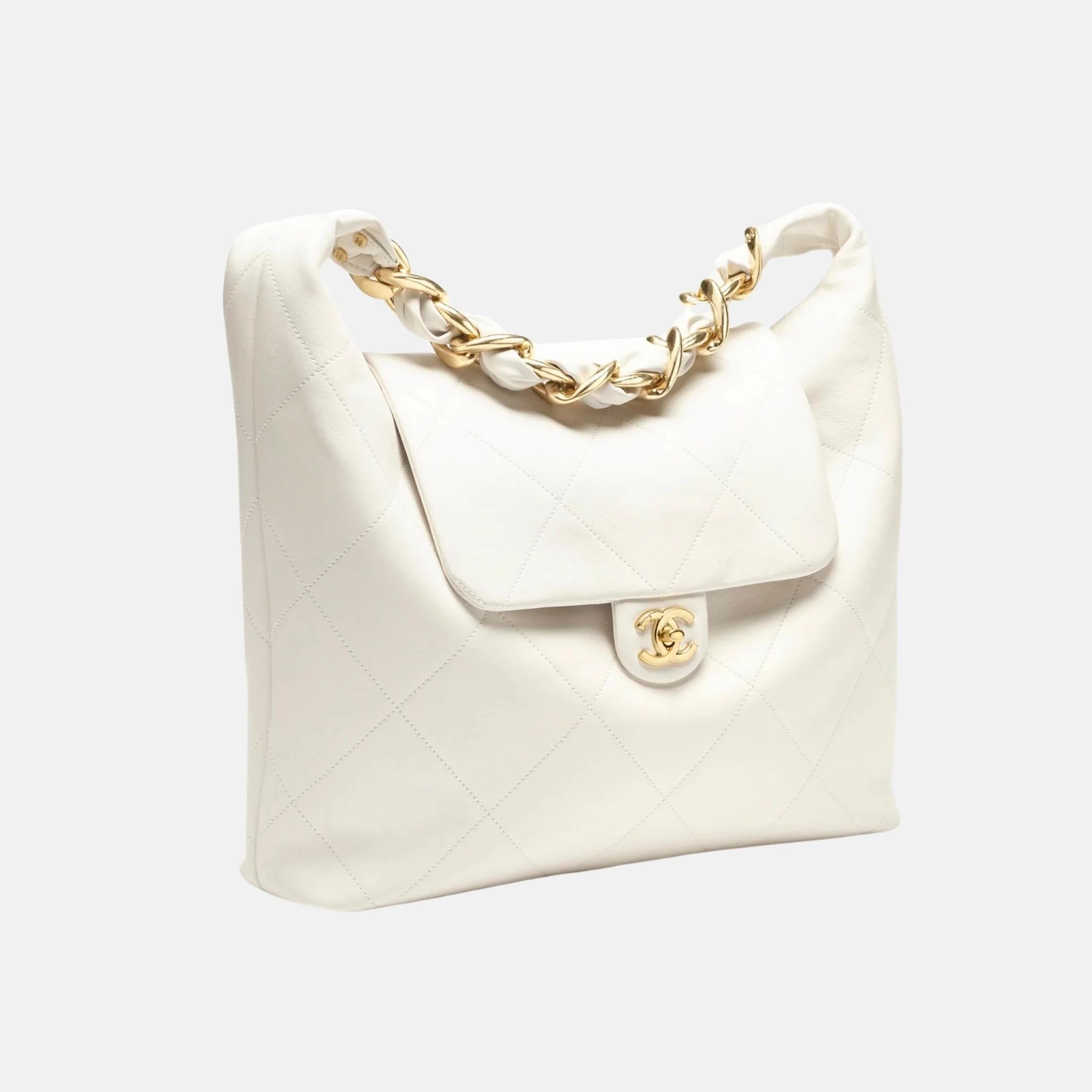 Chanel Maxi Hobo Bag Shiny Calfskin Gold Tone Metal, Front